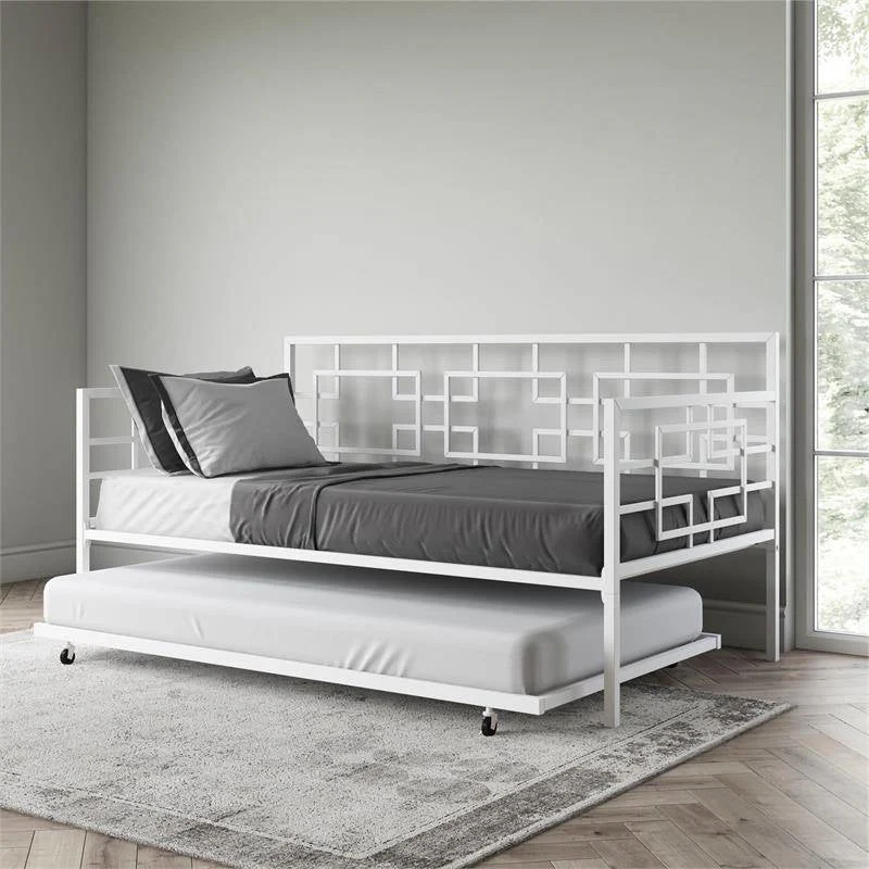 Contemporary White Metal Daybed Frame with Twin Pull-Out Trundle Bed - Image 3
