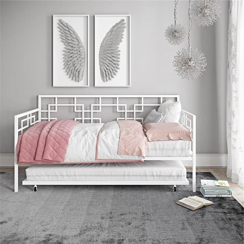 Contemporary White Metal Daybed Frame with Twin Pull-Out Trundle Bed - Image 5