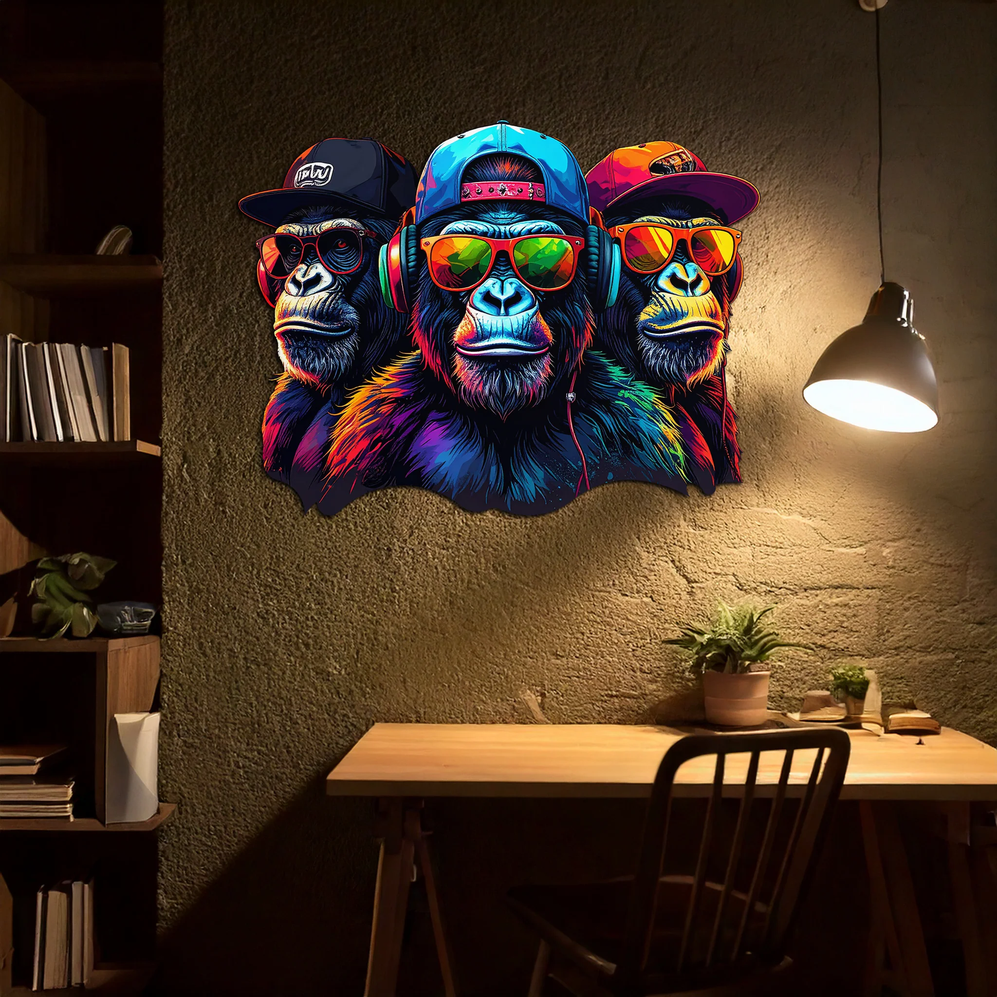 Cool Gorilla Trio Metal Wall Art – Neon Urban UV Printed Decor-KAFUVM014 - Image 2