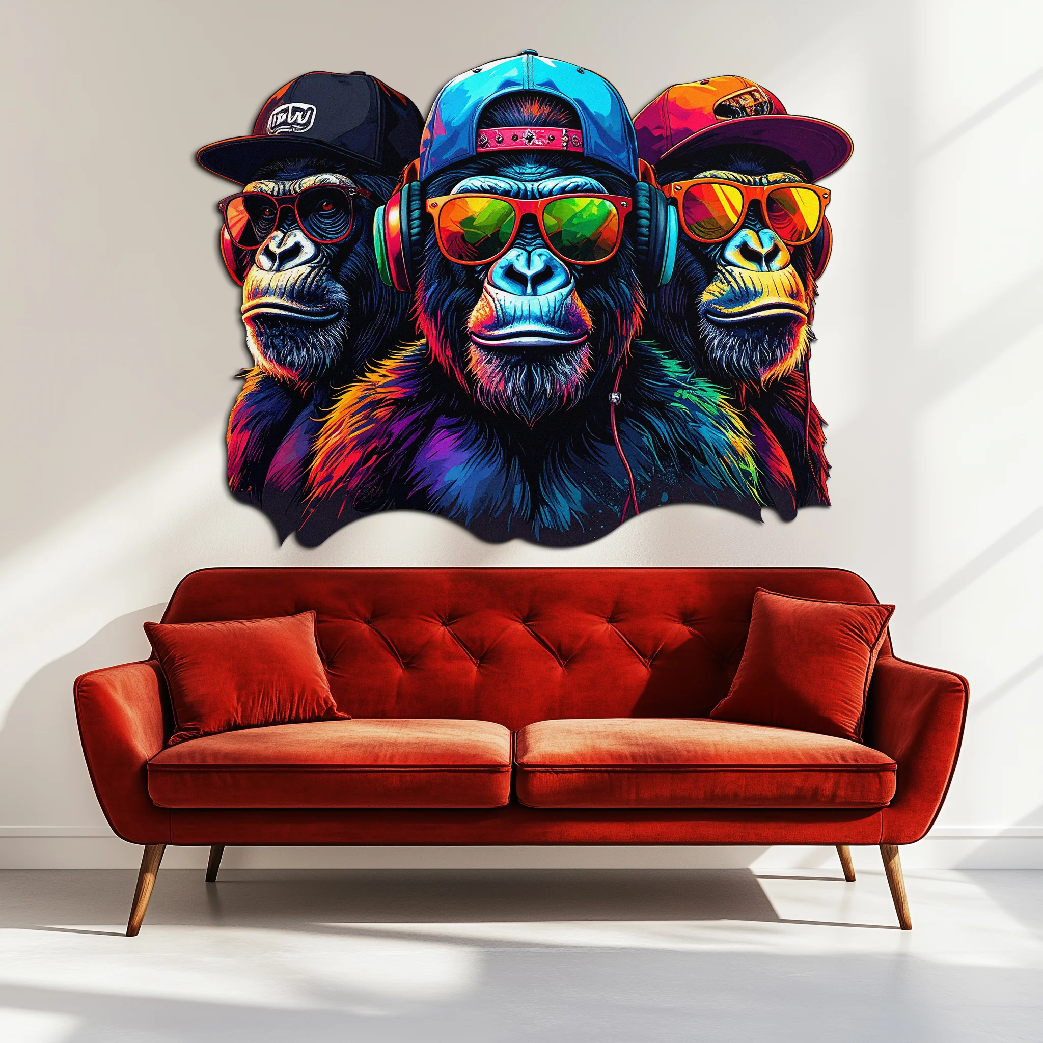 Cool Gorilla Trio Metal Wall Art – Neon Urban UV Printed Decor-KAFUVM014 - Image 3