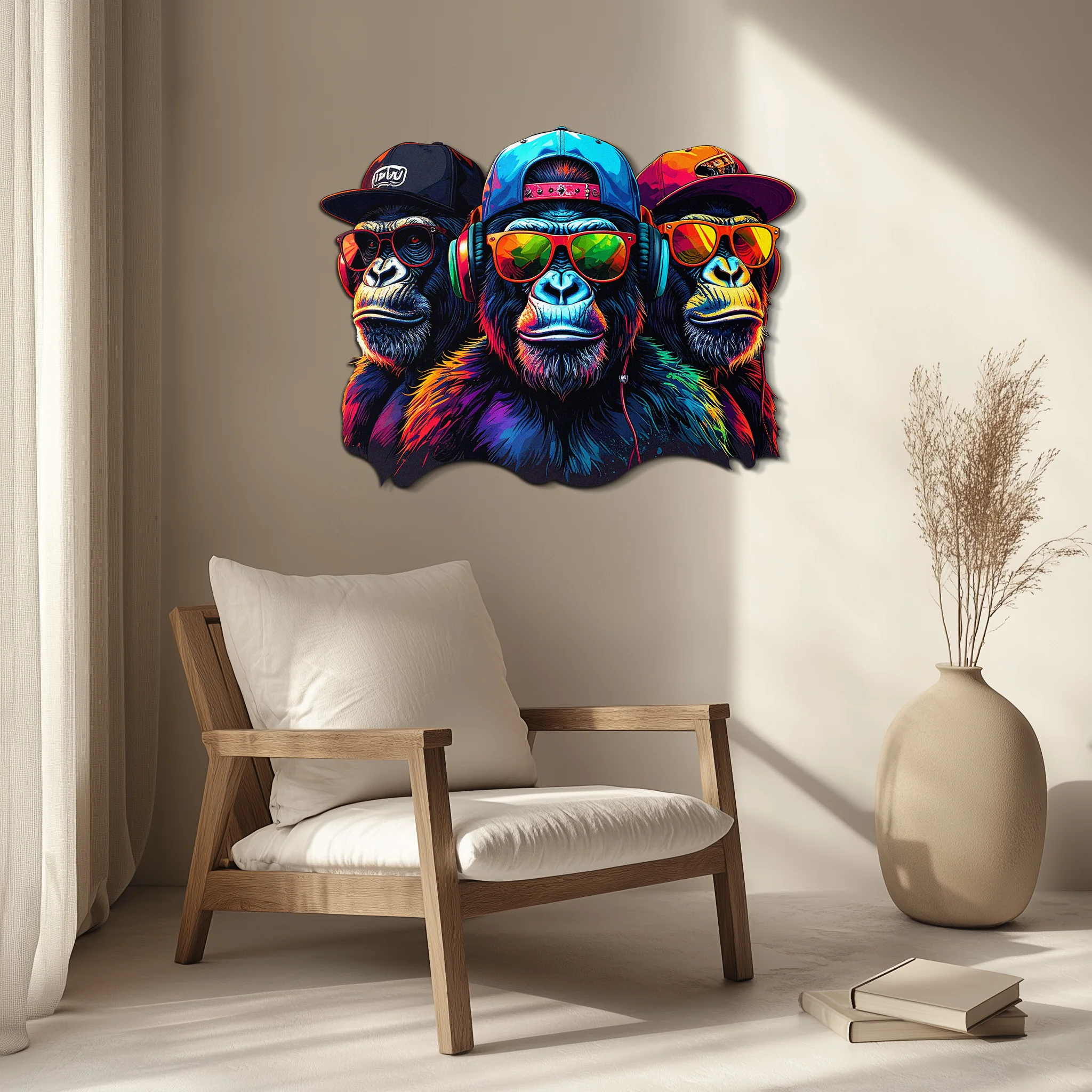 Cool Gorilla Trio Metal Wall Art – Neon Urban UV Printed Decor-KAFUVM014 - Image 4