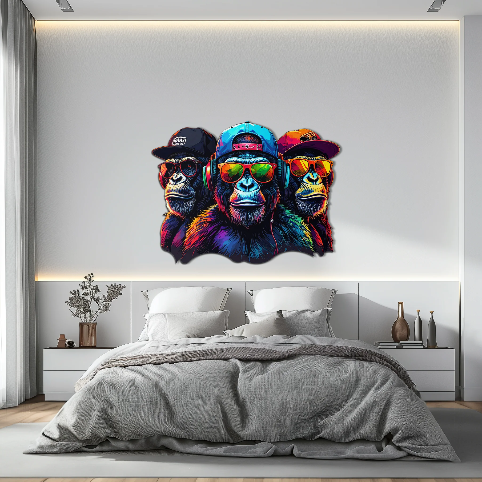 Cool Gorilla Trio Metal Wall Art – Neon Urban UV Printed Decor-KAFUVM014 - Image 6