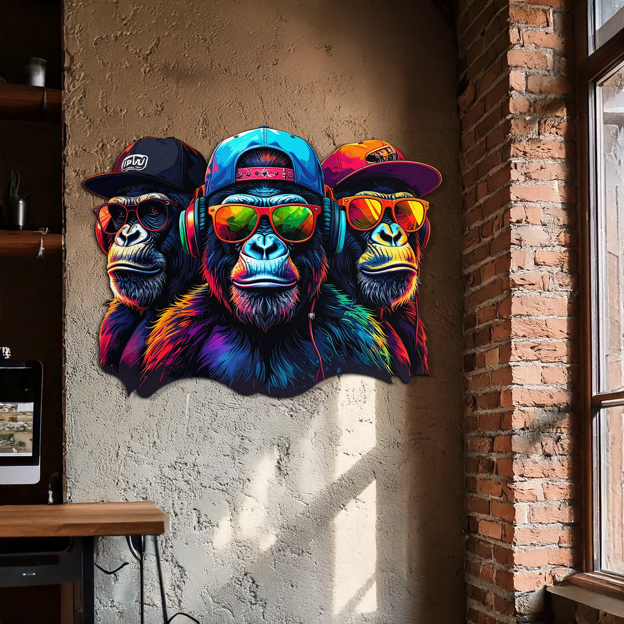 Cool Gorilla Trio Metal Wall Art – Neon Urban UV Printed Decor-KAFUVM014 - Image 7