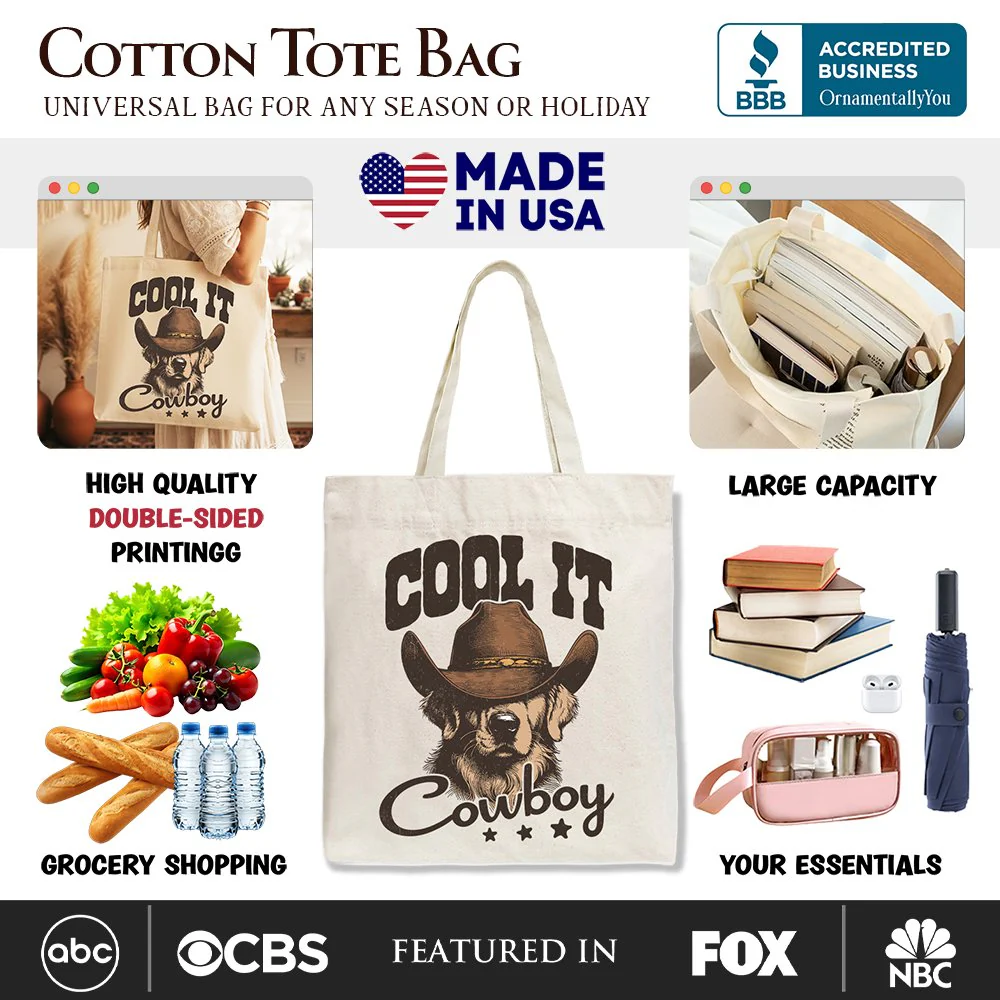 Cool It Cowboy Canvas Tote Bag With Western Dog, Retro Golden Retriever Gift Shopper for Country Lover - Image 2