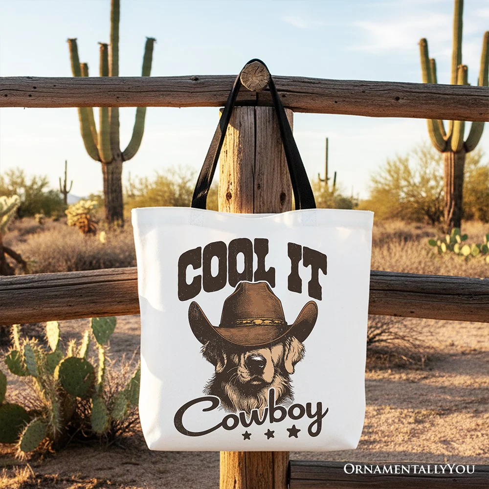 Cool It Cowboy Canvas Tote Bag With Western Dog, Retro Golden Retriever Gift Shopper for Country Lover - Image 4