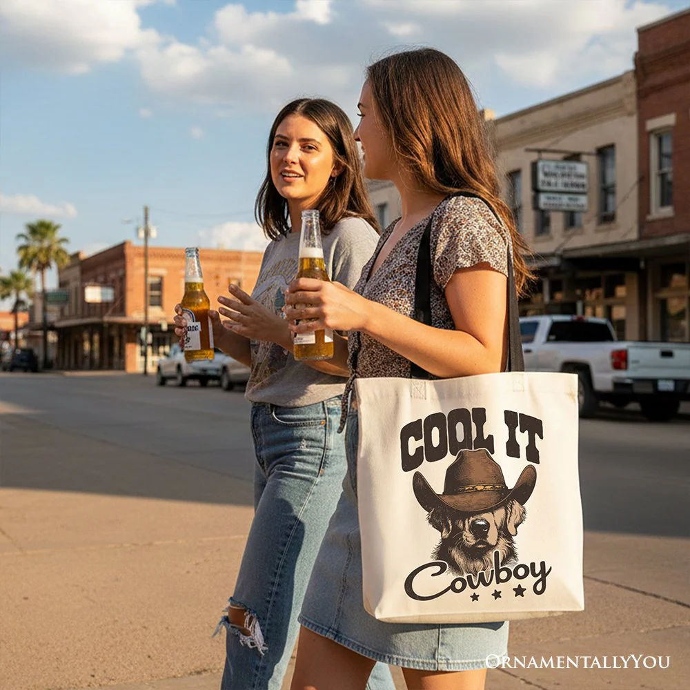 Cool It Cowboy Canvas Tote Bag With Western Dog, Retro Golden Retriever Gift Shopper for Country Lover - Image 7