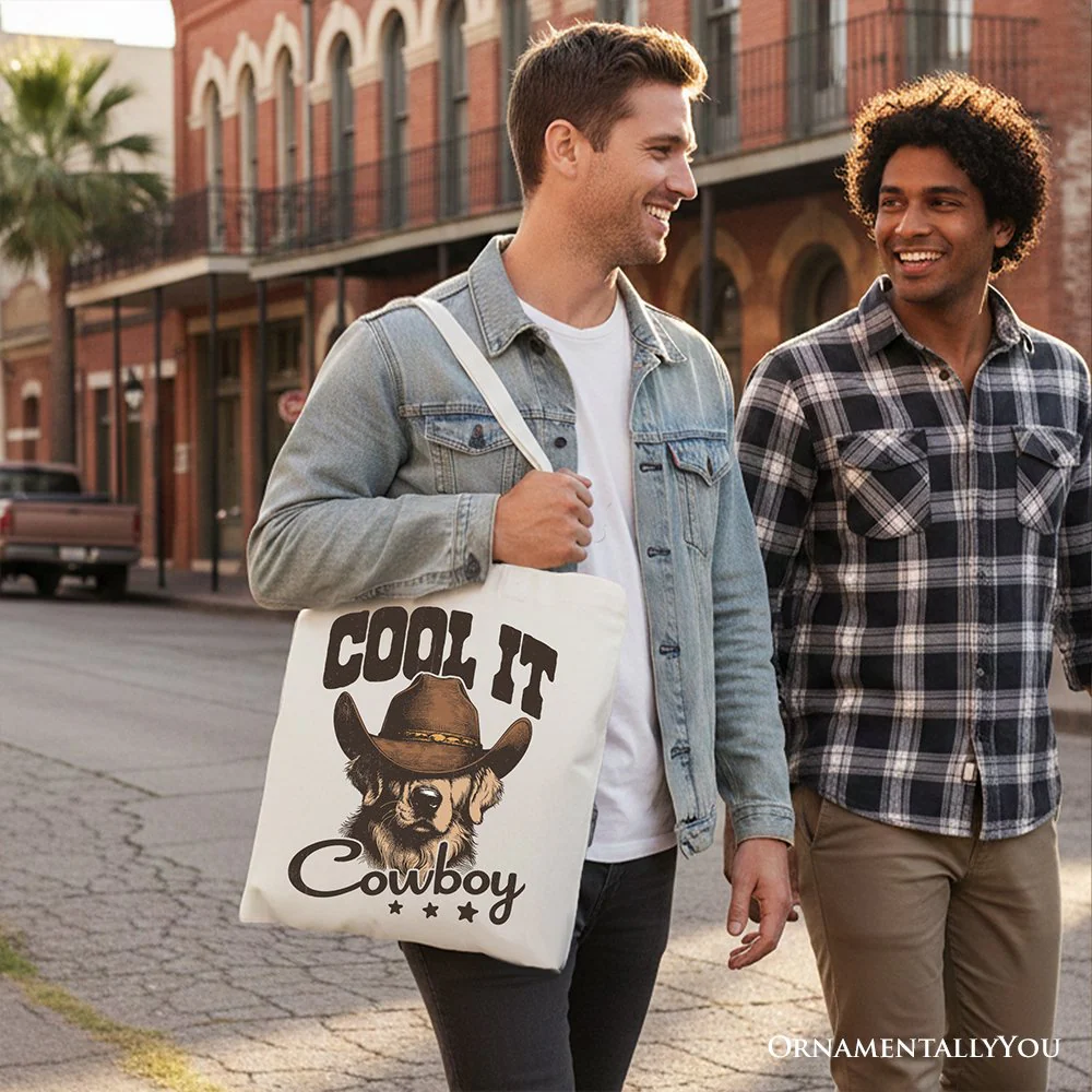 Cool It Cowboy Canvas Tote Bag With Western Dog, Retro Golden Retriever Gift Shopper for Country Lover - Image 8