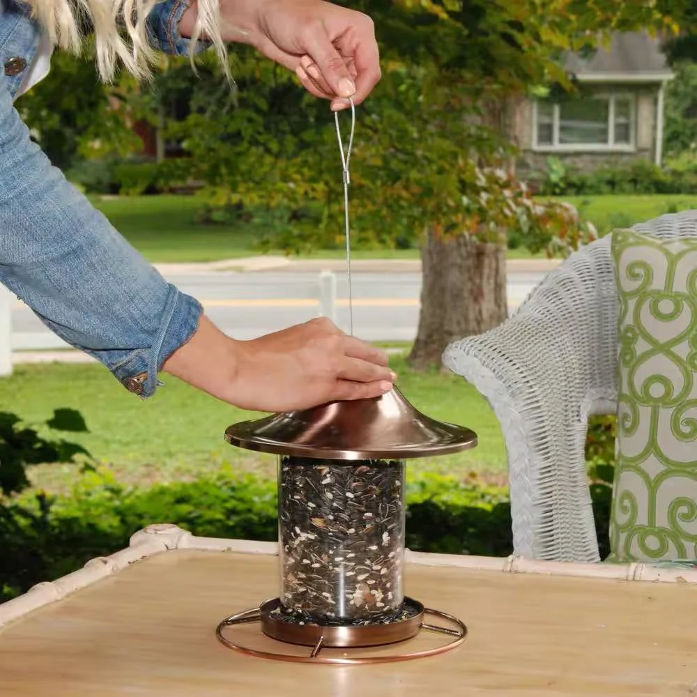 Copper Bird Feeder with Plastic Seed Reservoir Tube and Circular Perch - Image 4