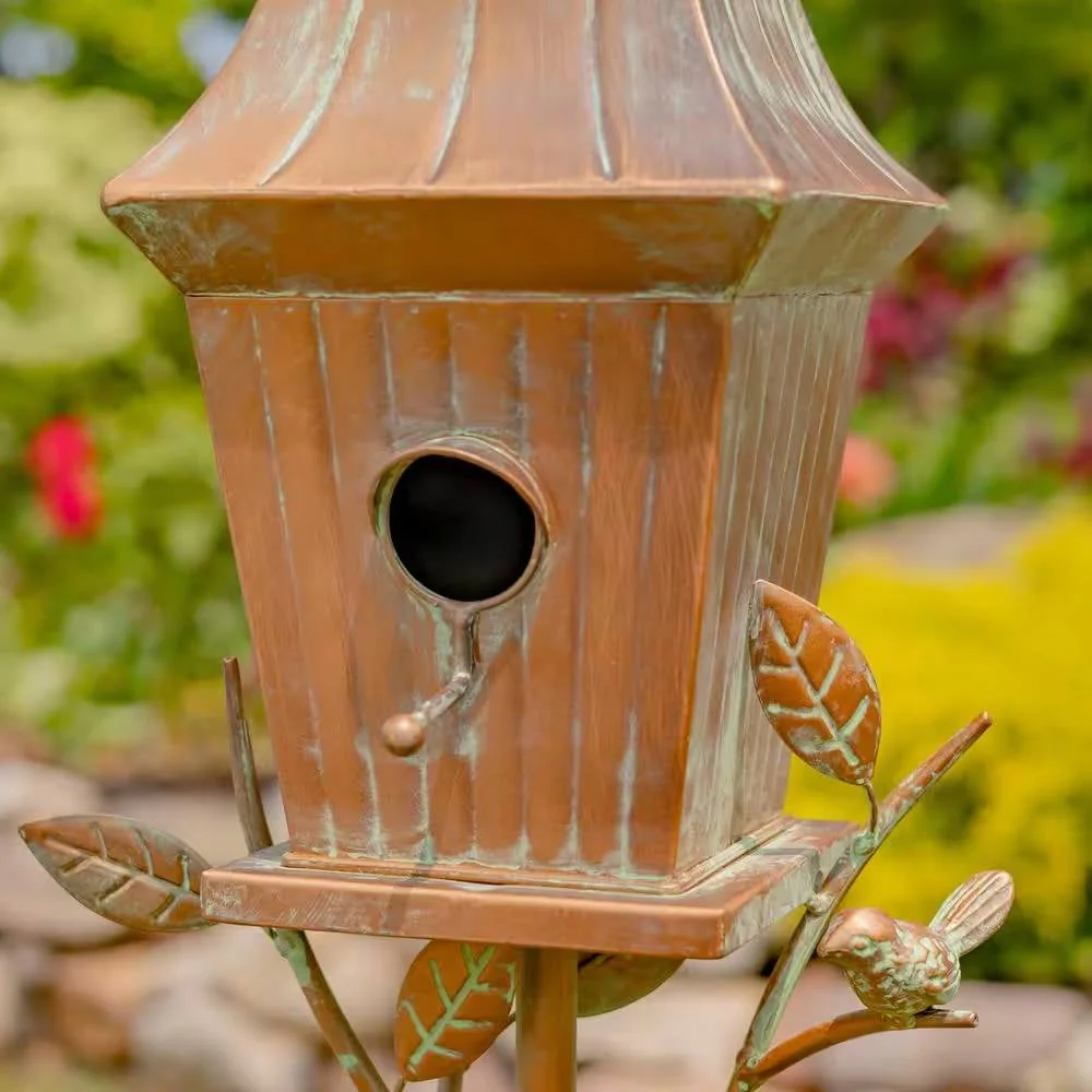 Copper Finish Metal Garden Birdhouse with Stake and Pole - Image 2