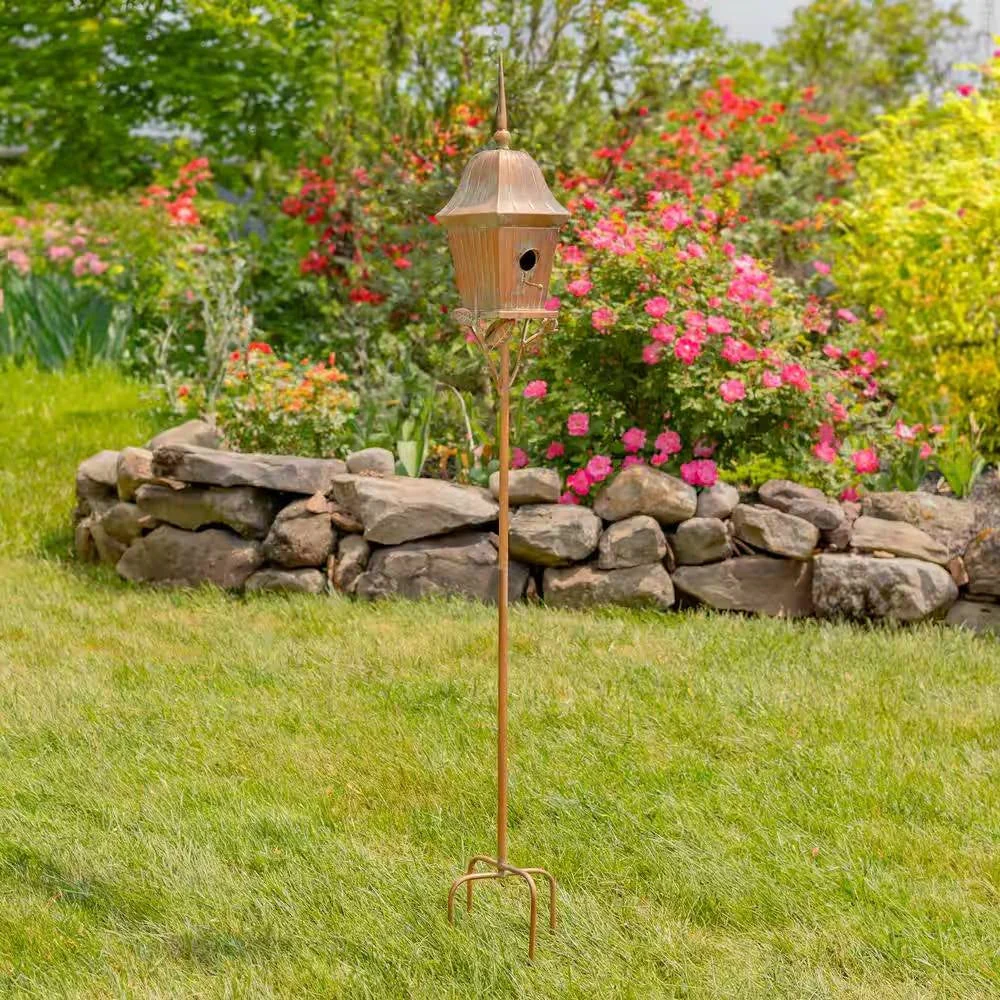 Copper Finish Metal Garden Birdhouse with Stake and Pole - Image 4