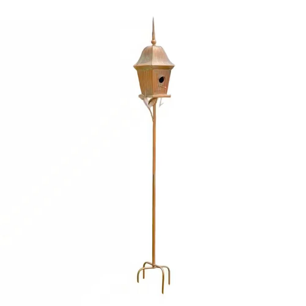Copper Finish Metal Garden Birdhouse with Stake and Pole - Image 5