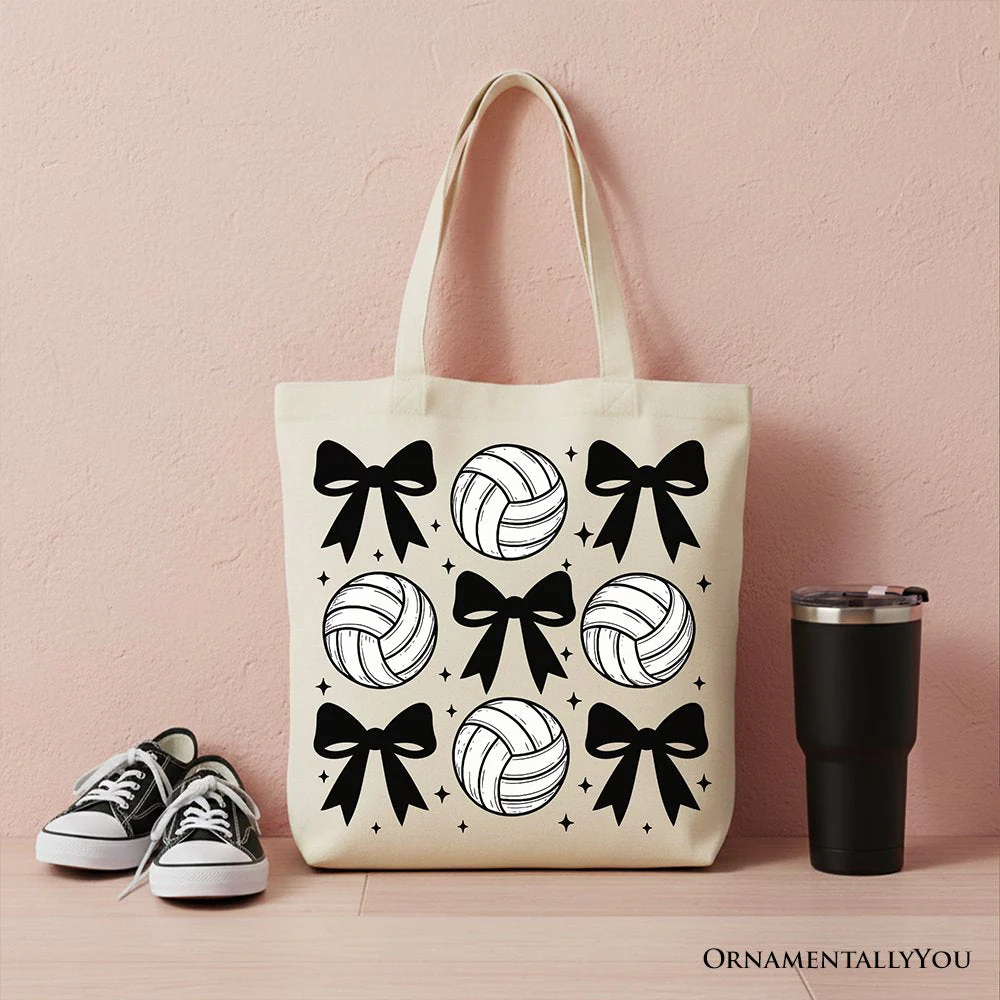 Coquette Volleyball Bows Canvas Tote Bag, Cute Athletic Sports Game Day Gift Shopper - Image 4