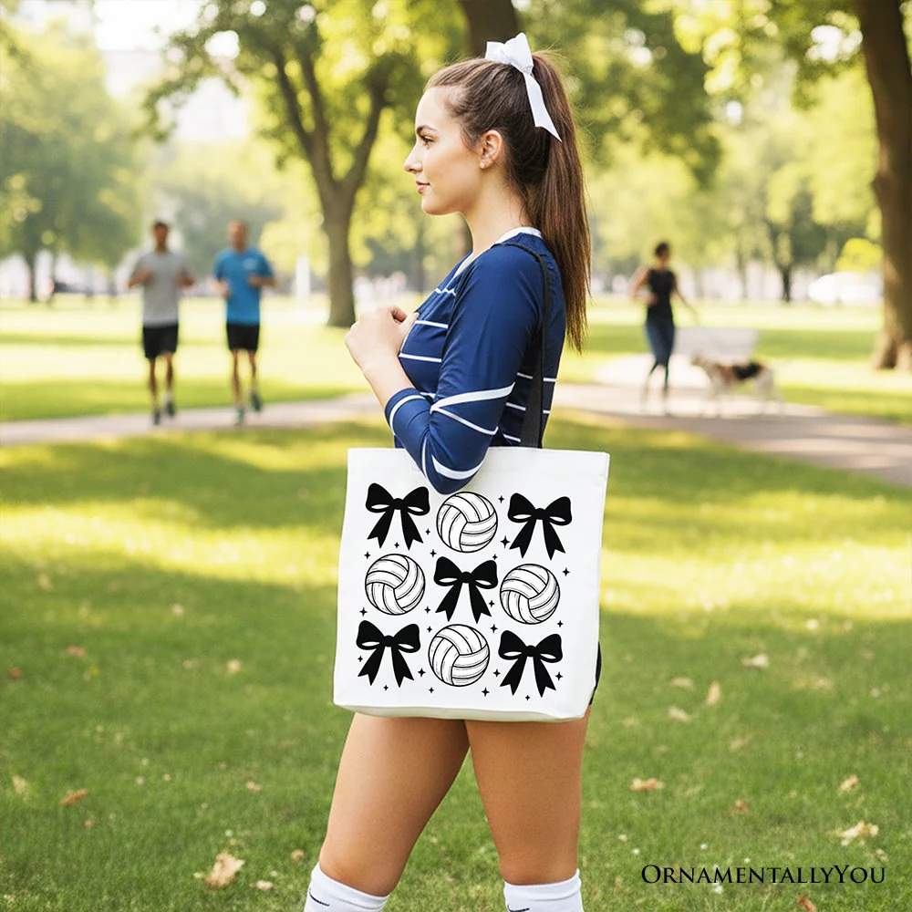 Coquette Volleyball Bows Canvas Tote Bag, Cute Athletic Sports Game Day Gift Shopper - Image 6