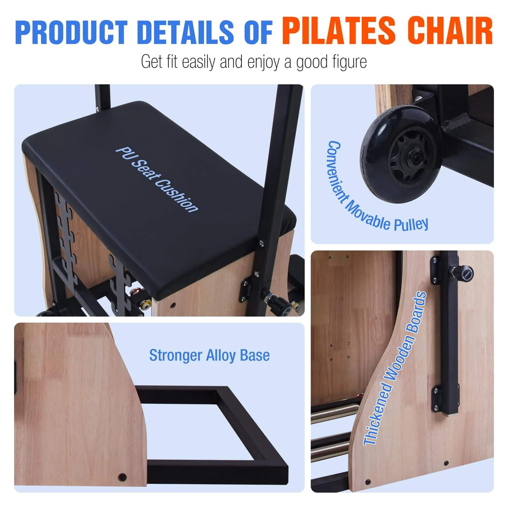 Core Pilates Multifunctional Solid Wood Pilates Reformer Chair With Adjustable Springs And Split Pedals (SAK27581) - Image 3