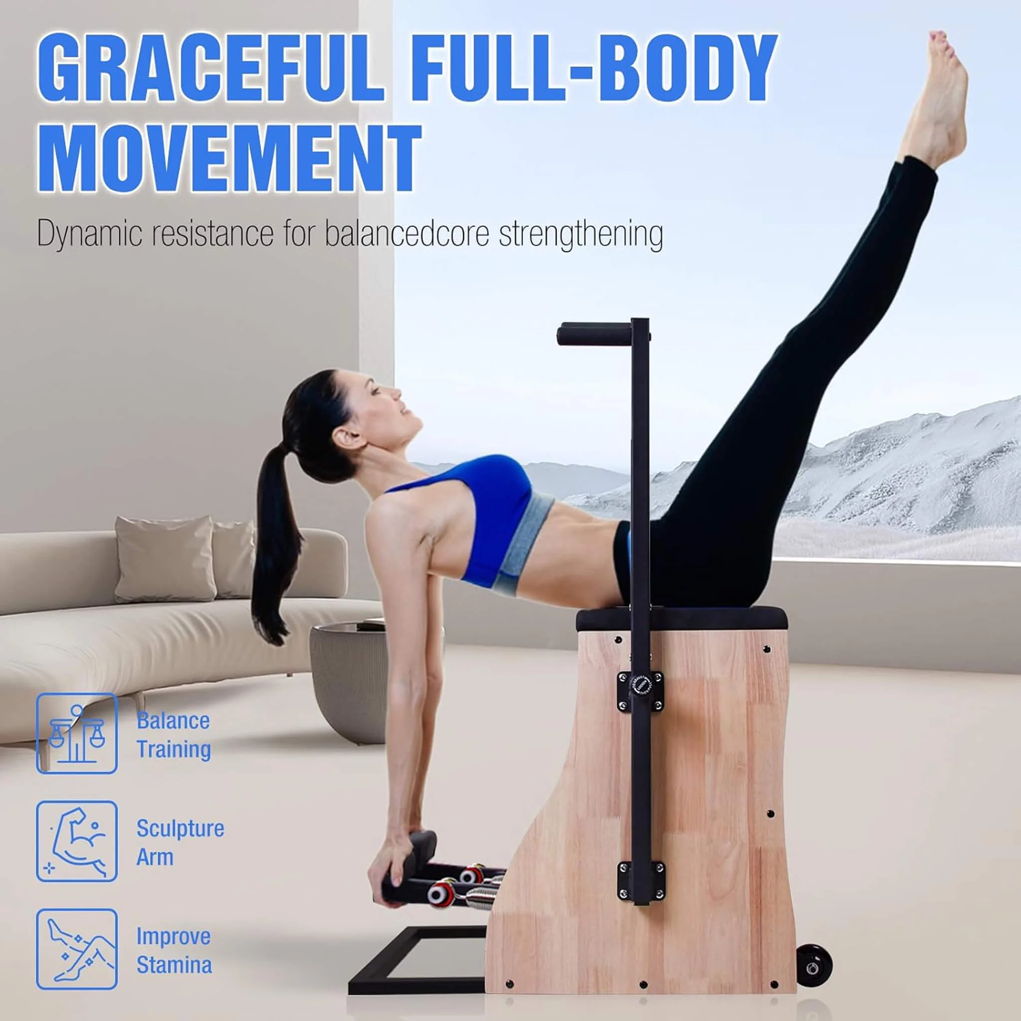 Core Pilates Multifunctional Solid Wood Pilates Reformer Chair With Adjustable Springs And Split Pedals (SAK27581) - Image 4