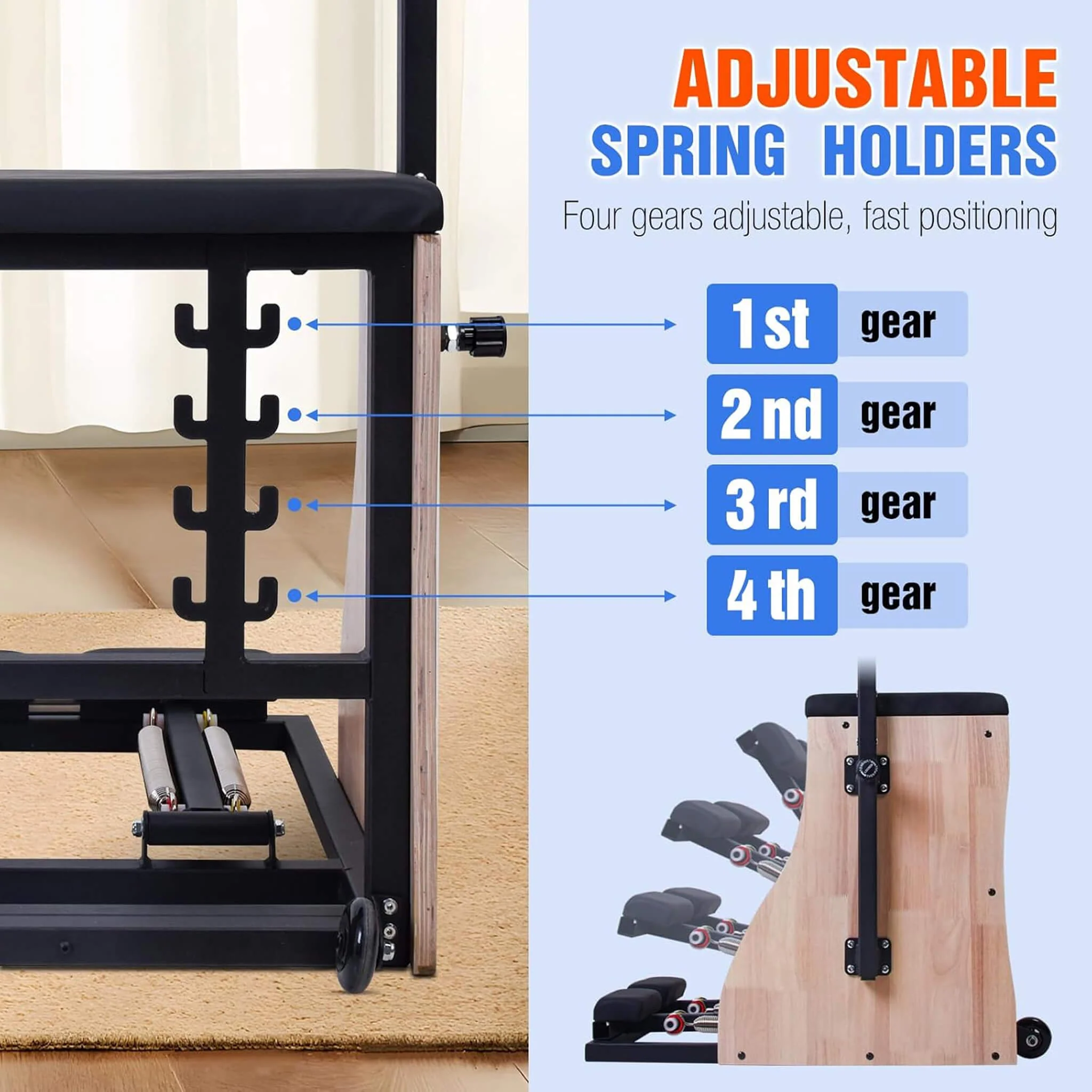 Core Pilates Multifunctional Solid Wood Pilates Reformer Chair With Adjustable Springs And Split Pedals (SAK27581) - Image 5