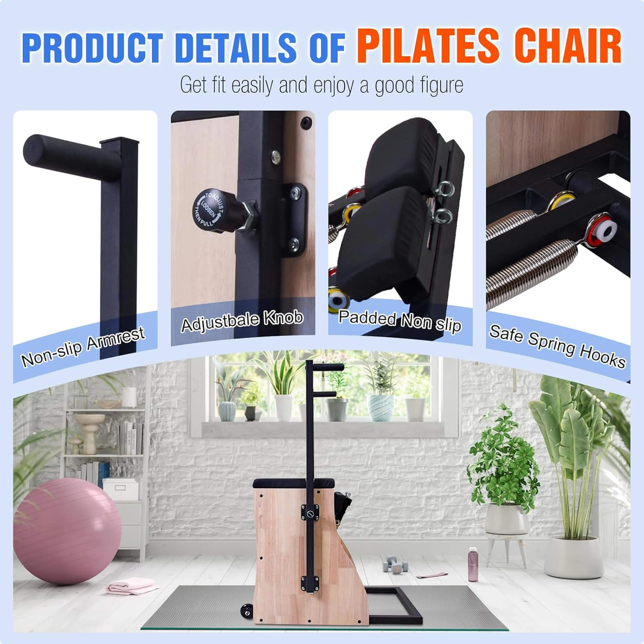 Core Pilates Multifunctional Solid Wood Pilates Reformer Chair With Adjustable Springs And Split Pedals (SAK27581) - Image 7