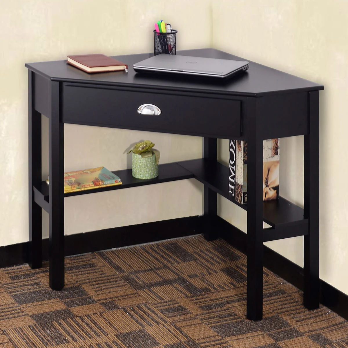 Corner Black Wood Computer Desk with Drawer - Image 2