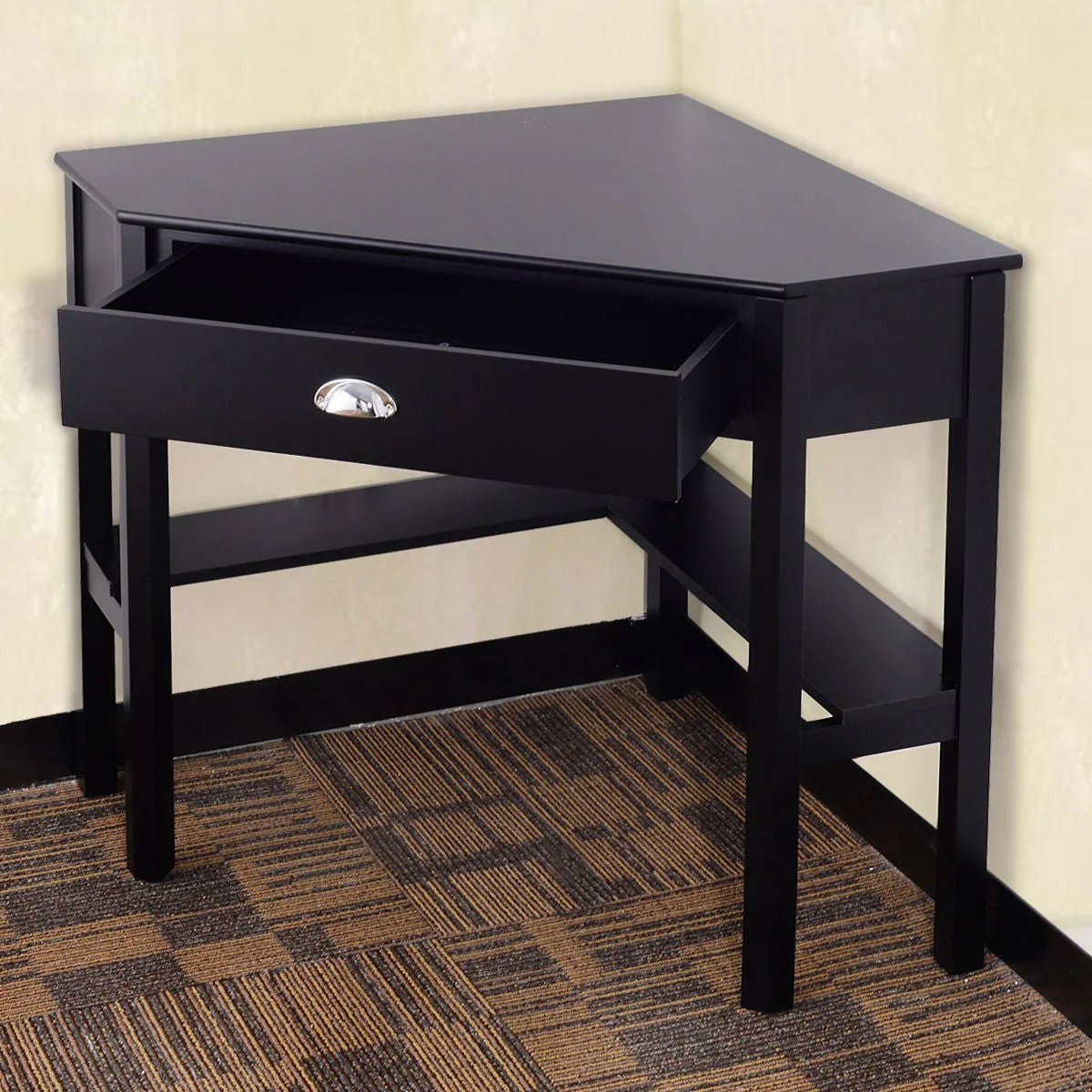 Corner Black Wood Computer Desk with Drawer - Image 3