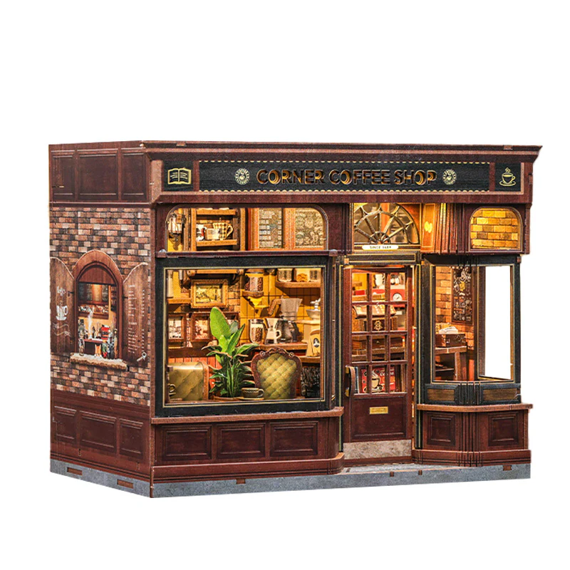 Corner Coffee Shop Dollhouse Kit - Miniature Wizardi Roombox Kit with LED Light F07M51-96-GB402 - Image 2