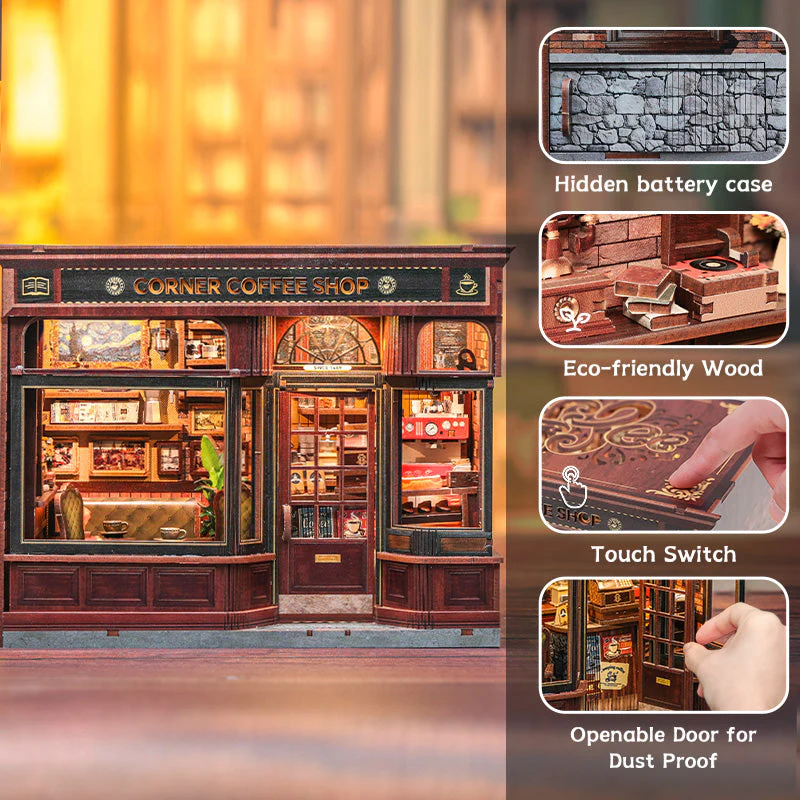 Corner Coffee Shop Dollhouse Kit - Miniature Wizardi Roombox Kit with LED Light F07M51-96-GB402 - Image 3
