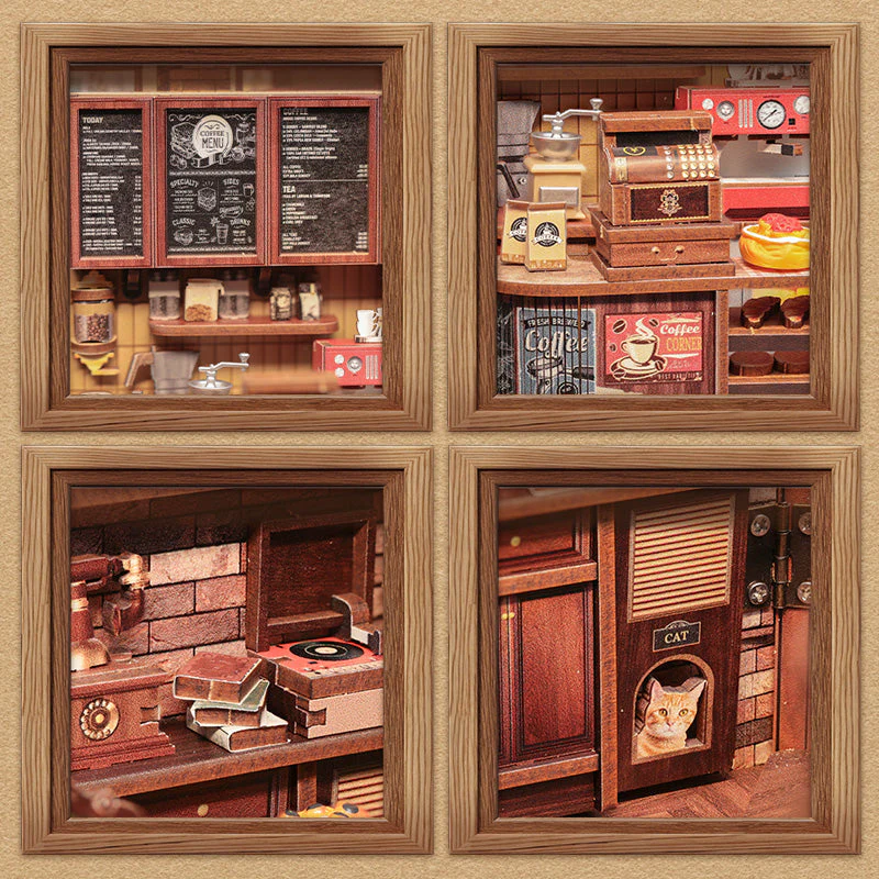 Corner Coffee Shop Dollhouse Kit - Miniature Wizardi Roombox Kit with LED Light F07M51-96-GB402 - Image 4