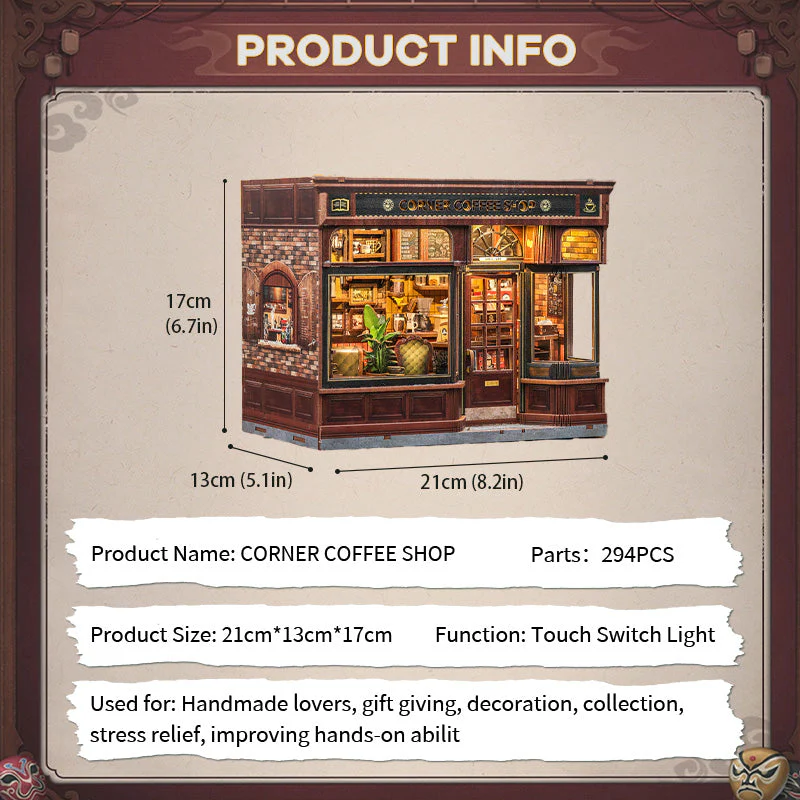 Corner Coffee Shop Dollhouse Kit - Miniature Wizardi Roombox Kit with LED Light F07M51-96-GB402 - Image 5