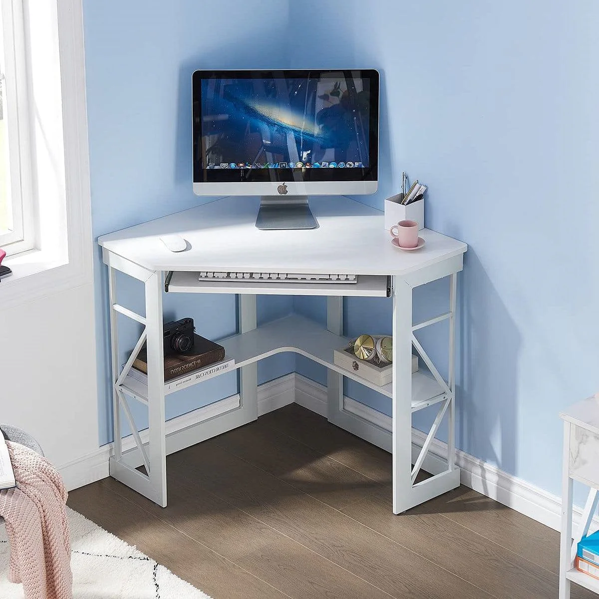 Corner Computer Desk with Keyboard Tray Storage Shelves in White - Image 2