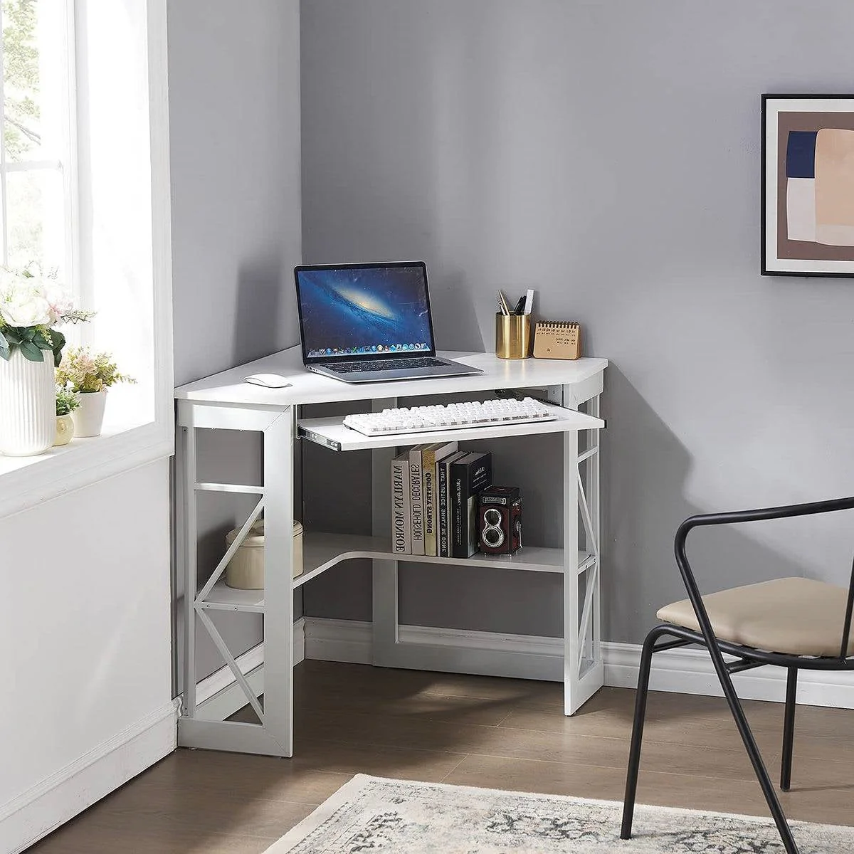 Corner Computer Desk with Keyboard Tray Storage Shelves in White - Image 3