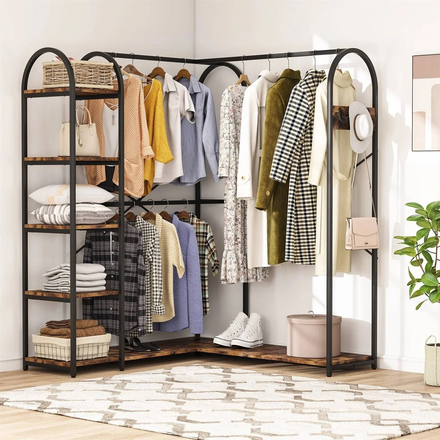 Corner L-Shaped Garment Rack with Clothing Hanging Rods and Storage Shelves - Image 2