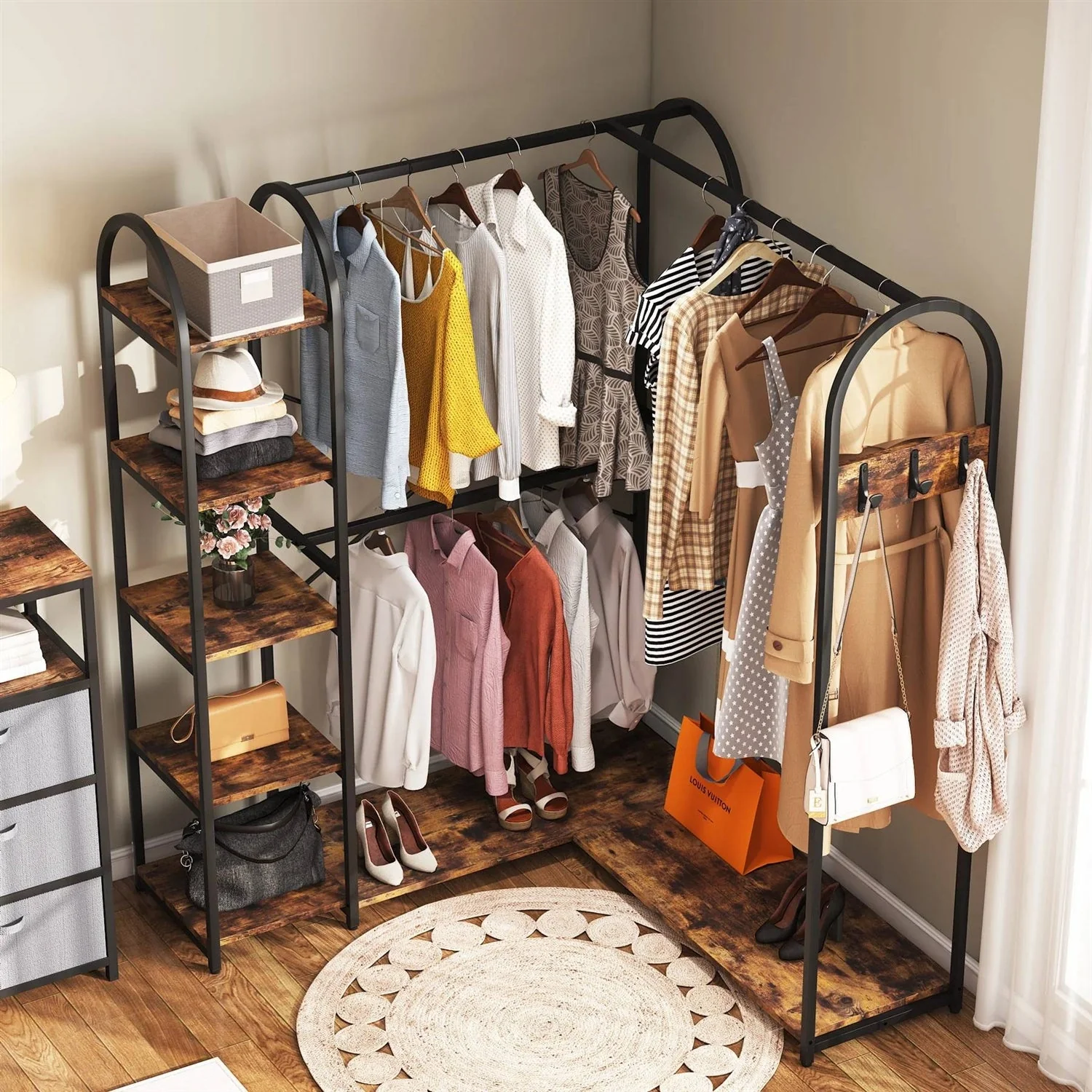 Corner L-Shaped Garment Rack with Clothing Hanging Rods and Storage Shelves - Image 3