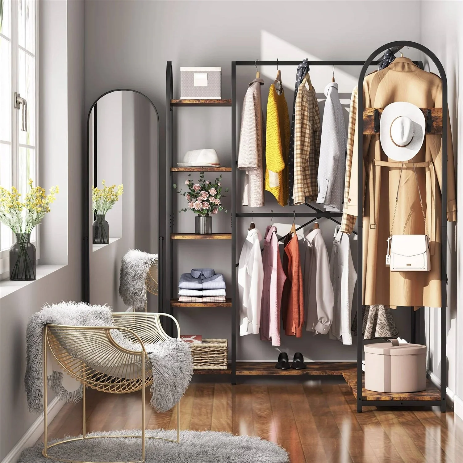 Corner L-Shaped Garment Rack with Clothing Hanging Rods and Storage Shelves - Image 4
