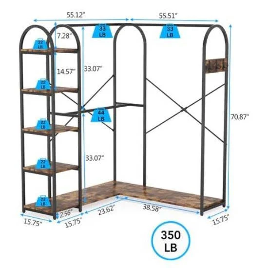 Corner L-Shaped Garment Rack with Clothing Hanging Rods and Storage Shelves - Image 5