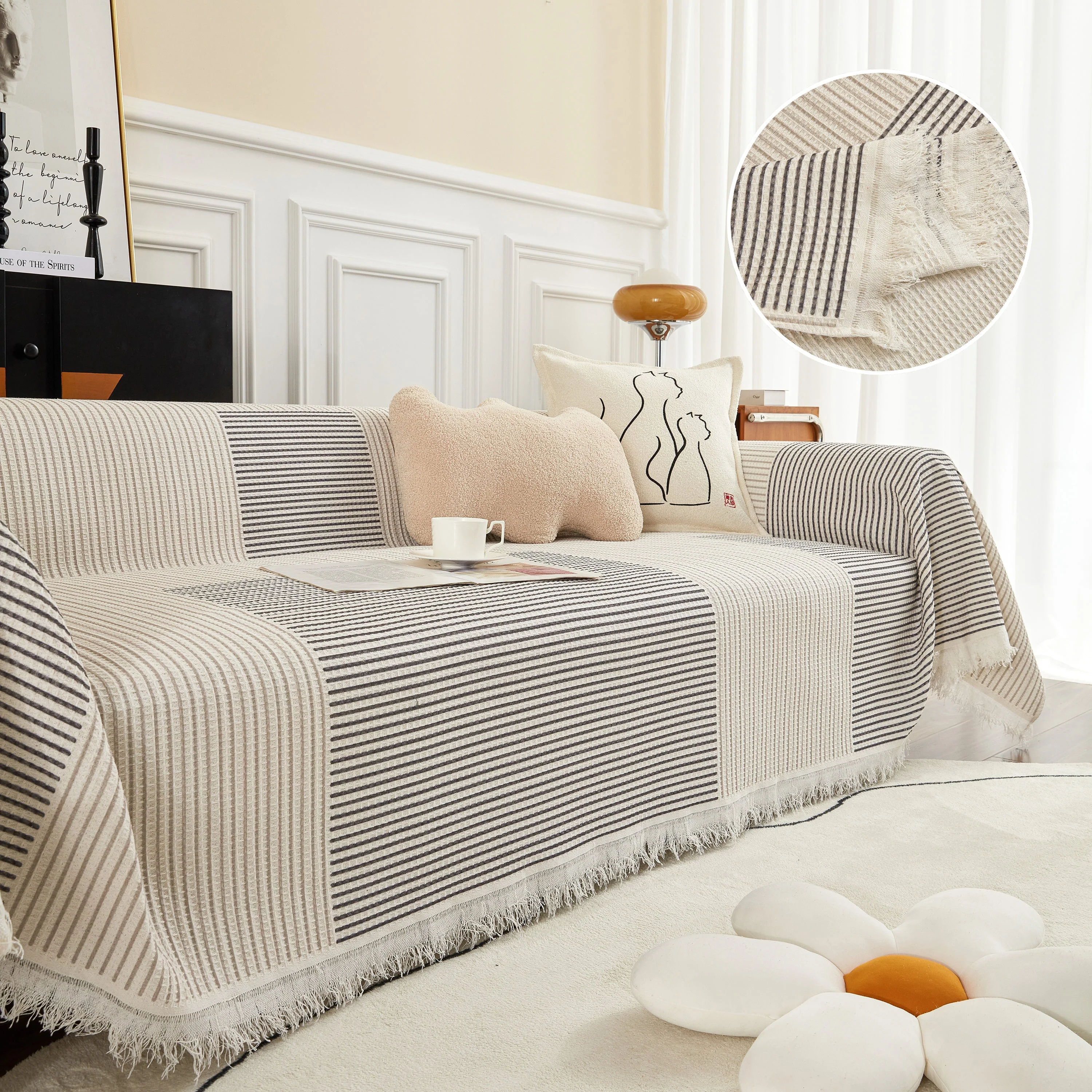 Cotton Jacquard Striped Sofa Cover Throw, Couch Covers for Dogs, Sectional Sofa Protector - Image 4