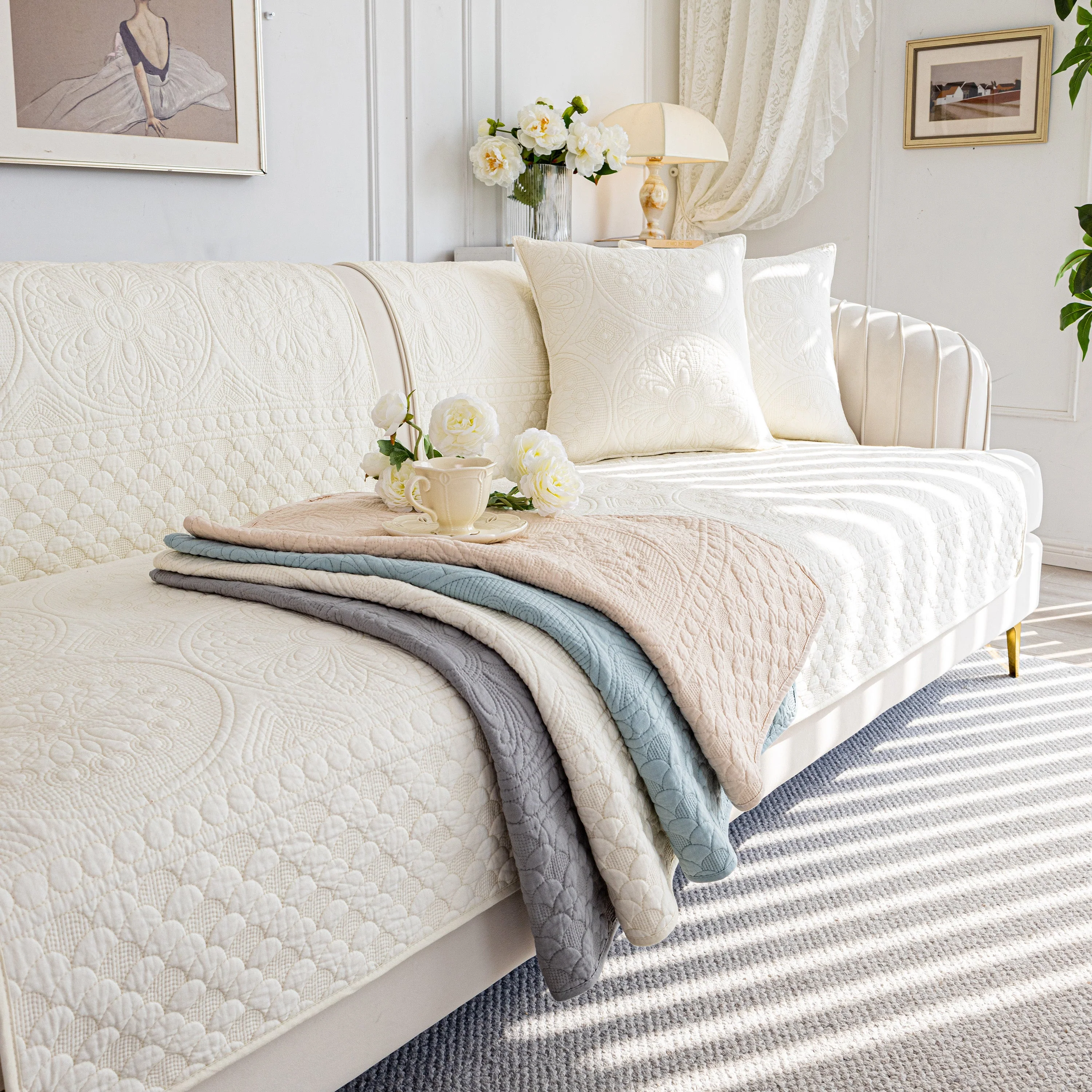Cotton Quilted Sofa Cover, Non-Slip Couch Protector Fits Backrest, Seat & Armrest - Image 10