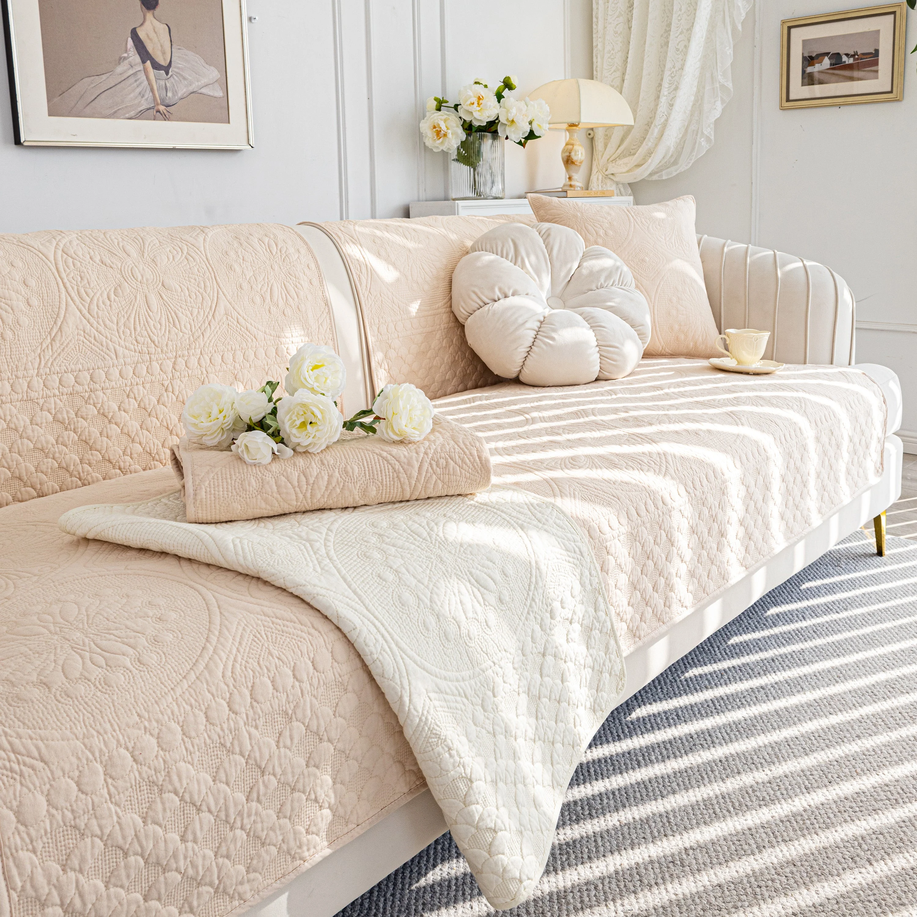 Cotton Quilted Sofa Cover, Non-Slip Couch Protector Fits Backrest, Seat & Armrest - Image 40