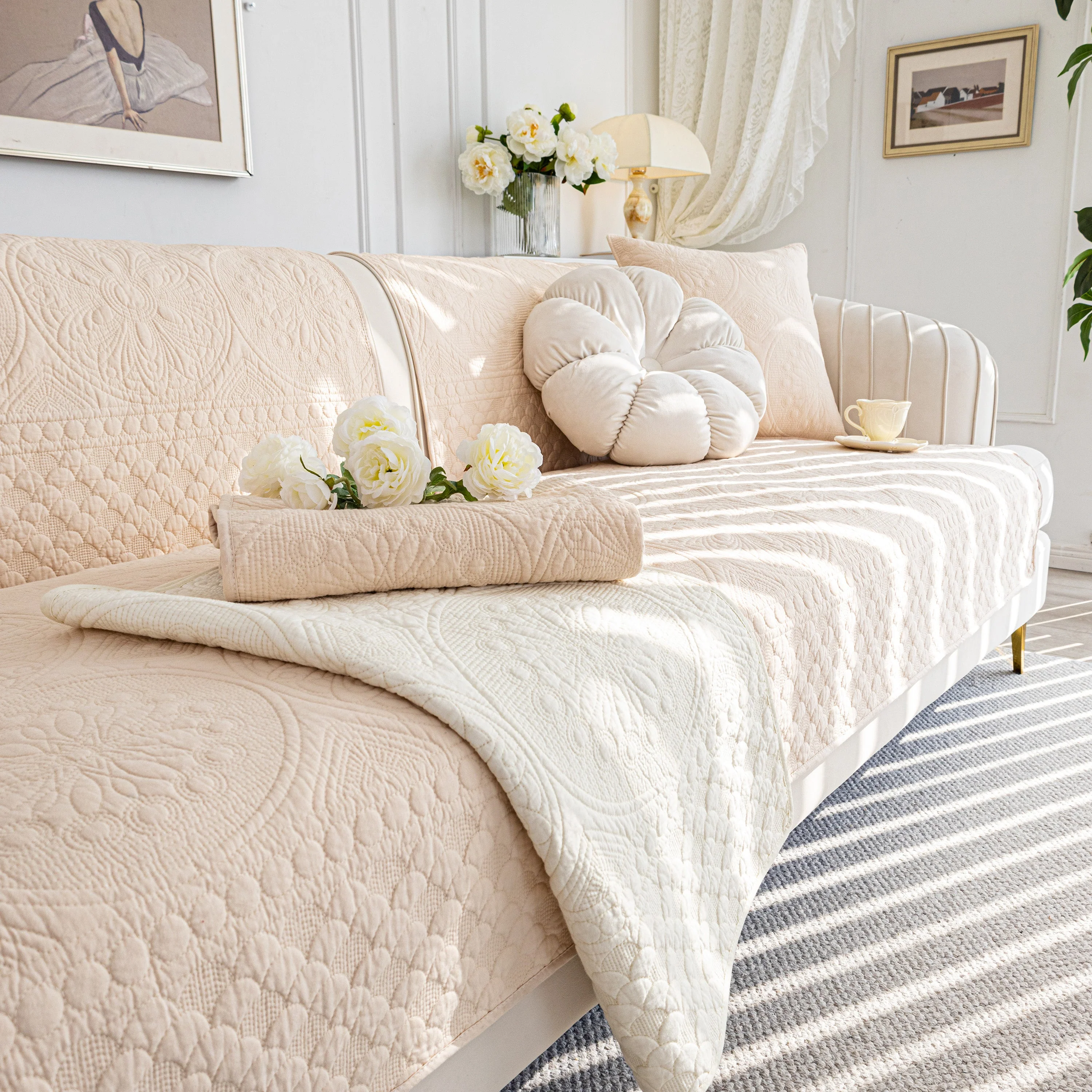 Cotton Quilted Sofa Cover, Non-Slip Couch Protector Fits Backrest, Seat & Armrest - Image 41