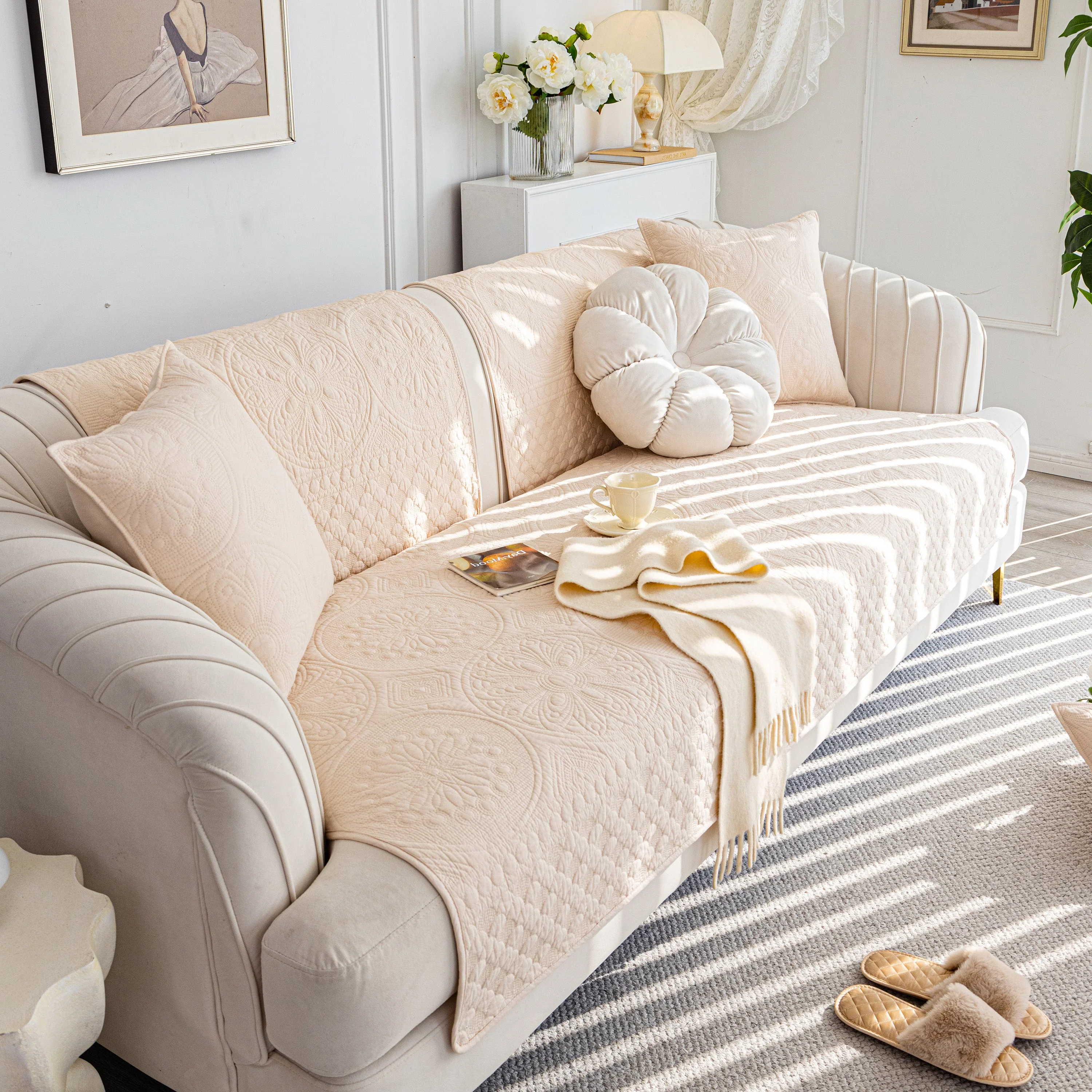 Cotton Quilted Sofa Cover, Non-Slip Couch Protector Fits Backrest, Seat & Armrest - Image 44