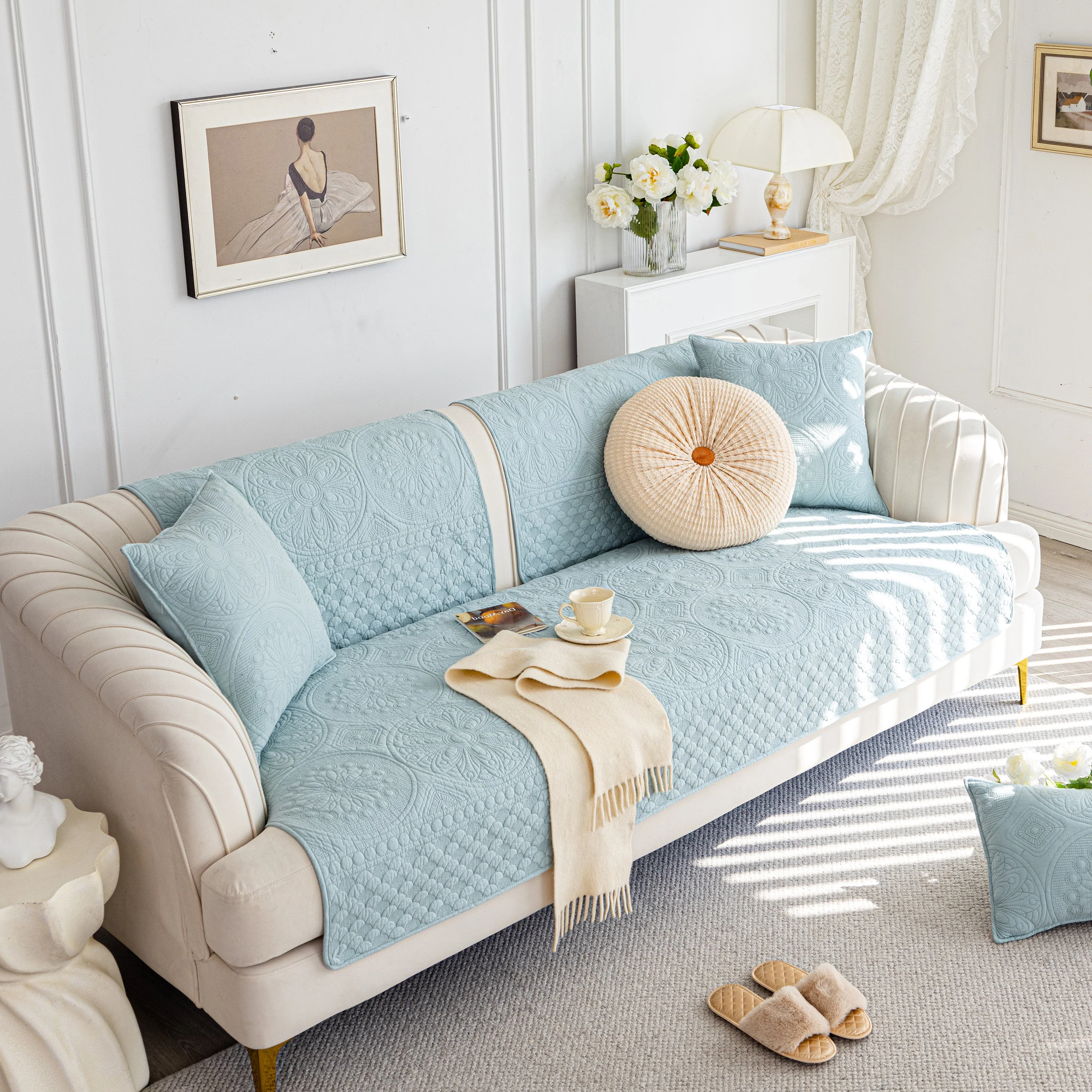 Cotton Quilted Sofa Cover, Non-Slip Couch Protector Fits Backrest, Seat & Armrest - Image 59