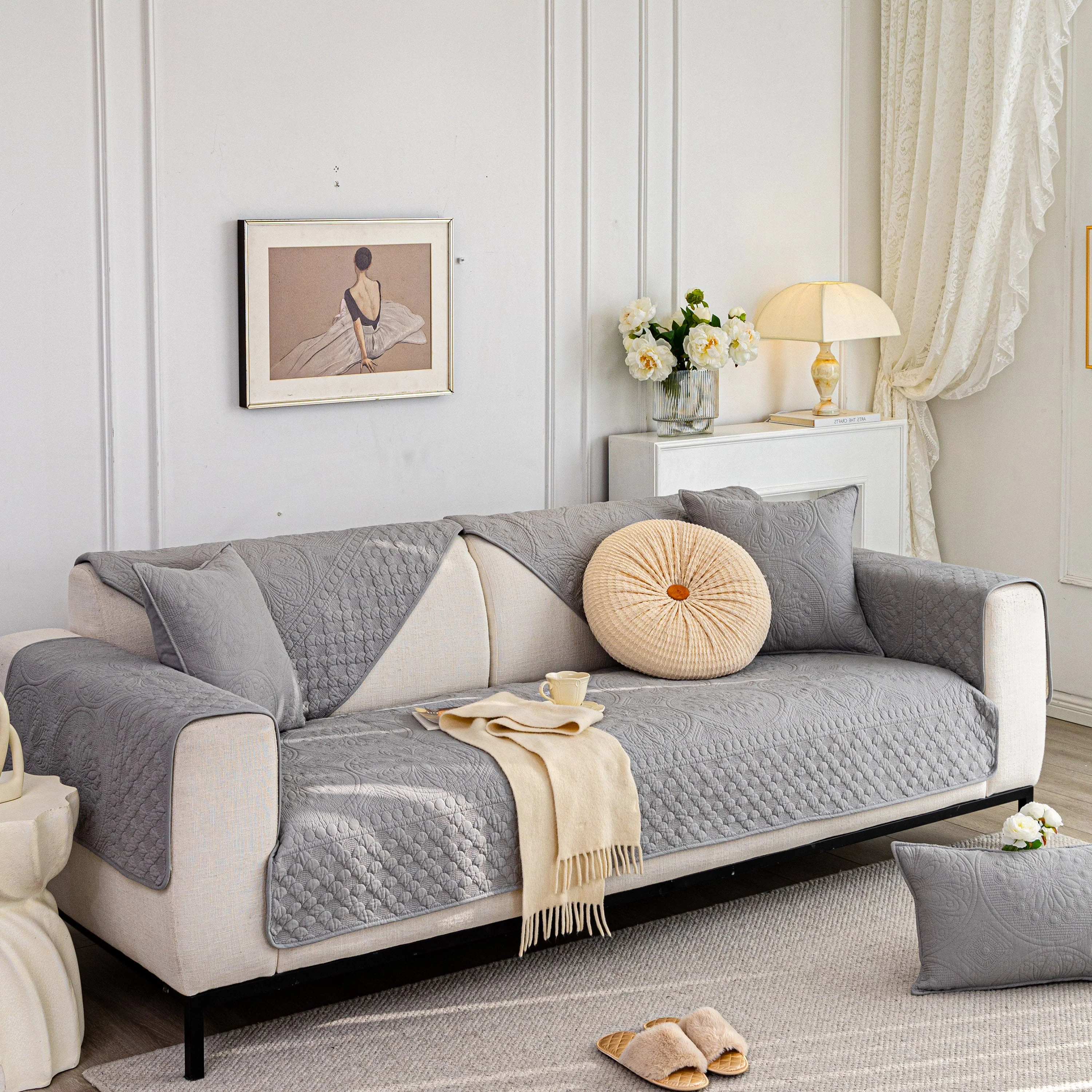 Cotton Quilted Sofa Cover, Non-Slip Couch Protector Fits Backrest, Seat & Armrest - Image 70