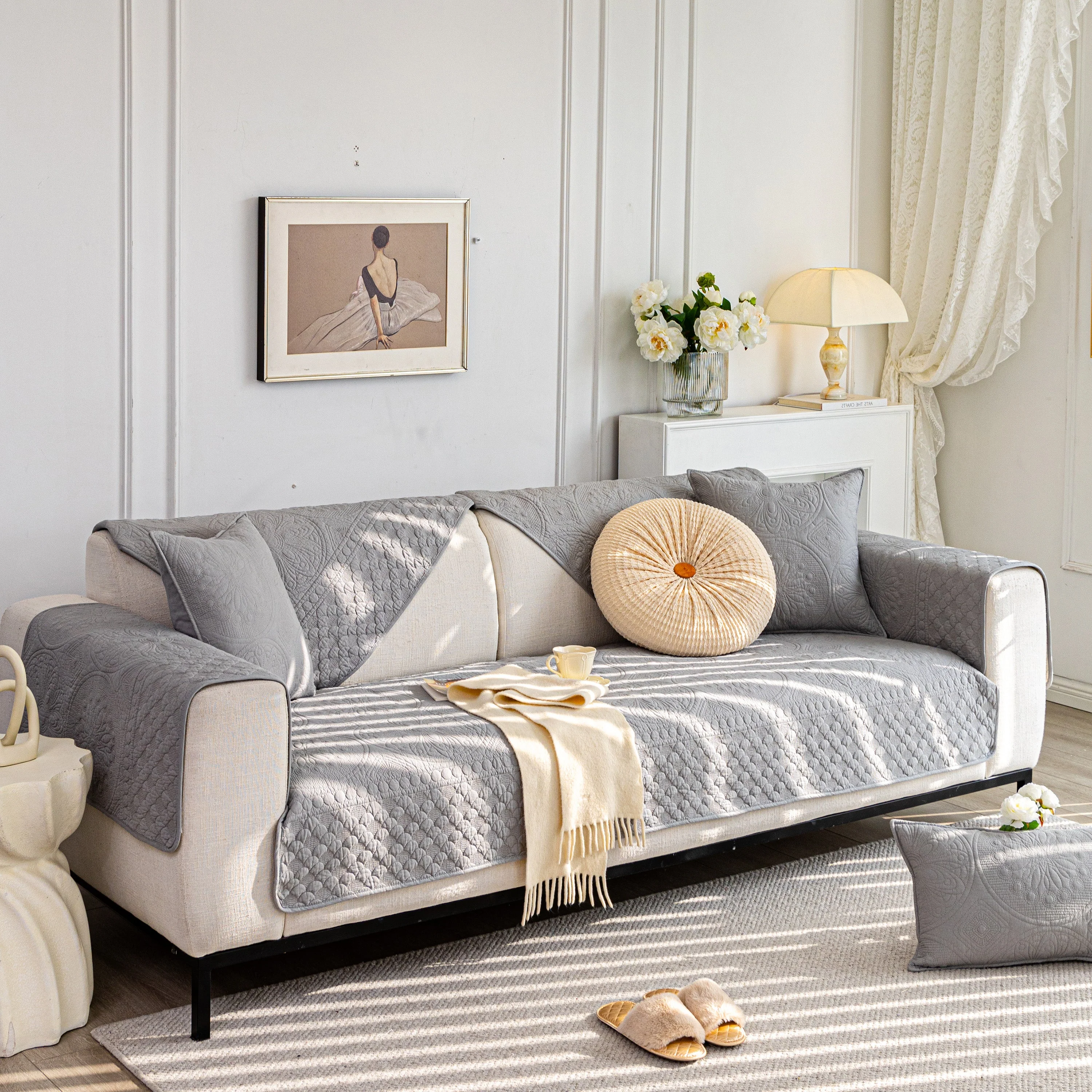 Cotton Quilted Sofa Cover, Non-Slip Couch Protector Fits Backrest, Seat & Armrest - Image 75