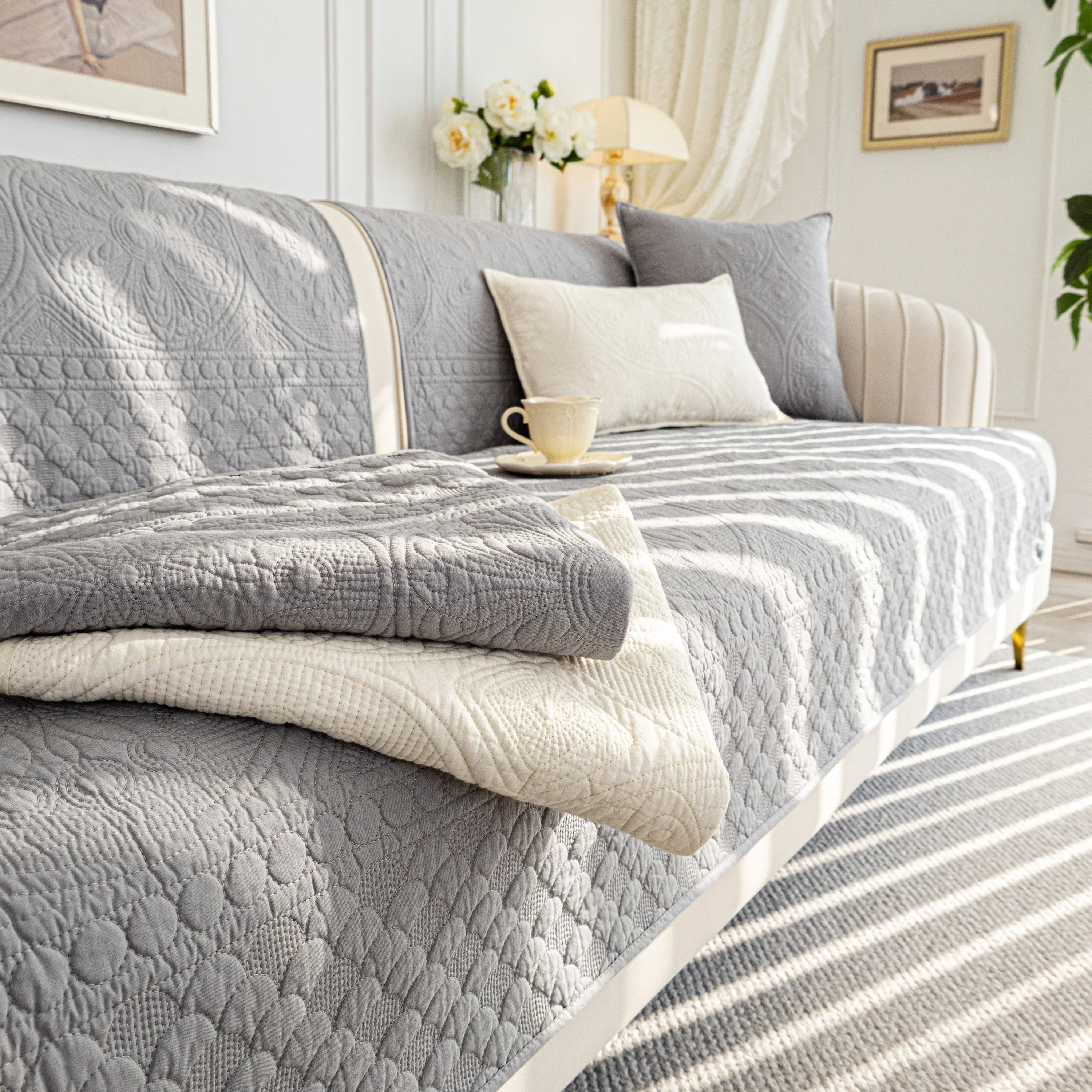 Cotton Quilted Sofa Cover, Non-Slip Couch Protector Fits Backrest, Seat & Armrest - Image 77