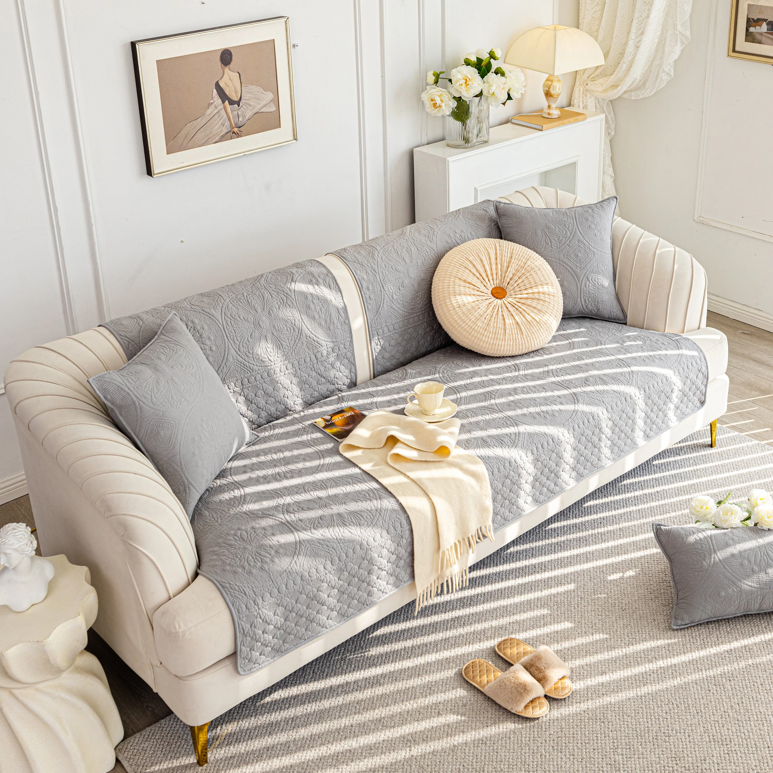 Cotton Quilted Sofa Cover, Non-Slip Couch Protector Fits Backrest, Seat & Armrest - Image 83