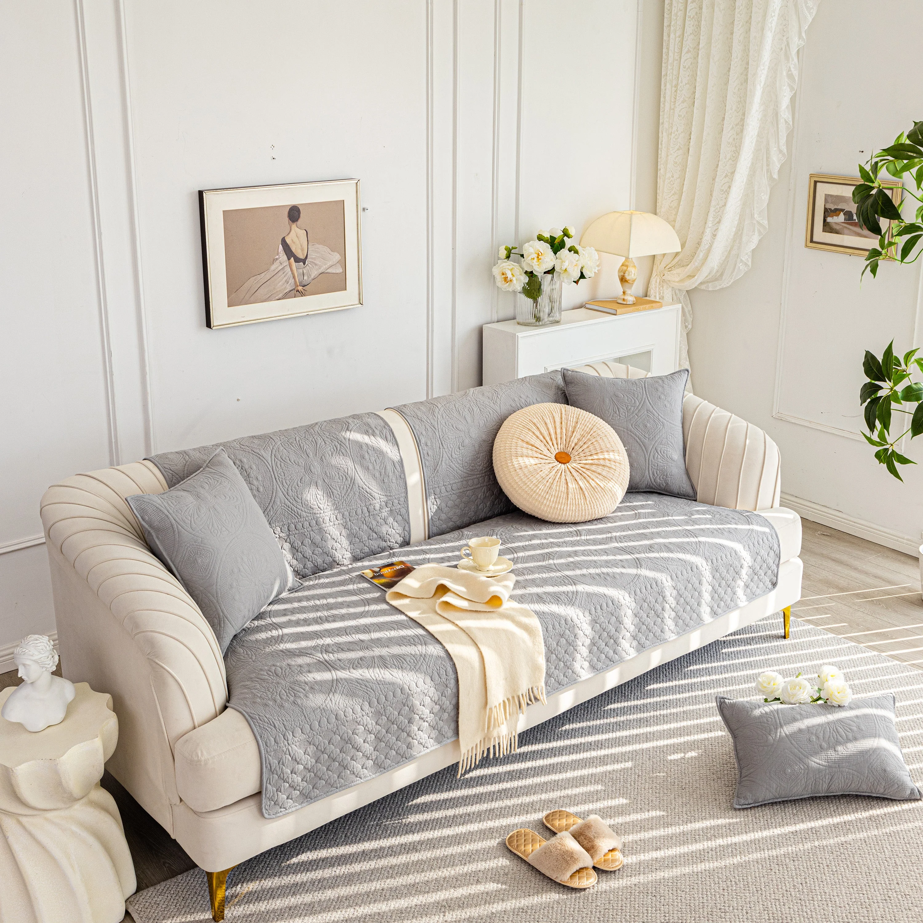 Cotton Quilted Sofa Cover, Non-Slip Couch Protector Fits Backrest, Seat & Armrest - Image 84
