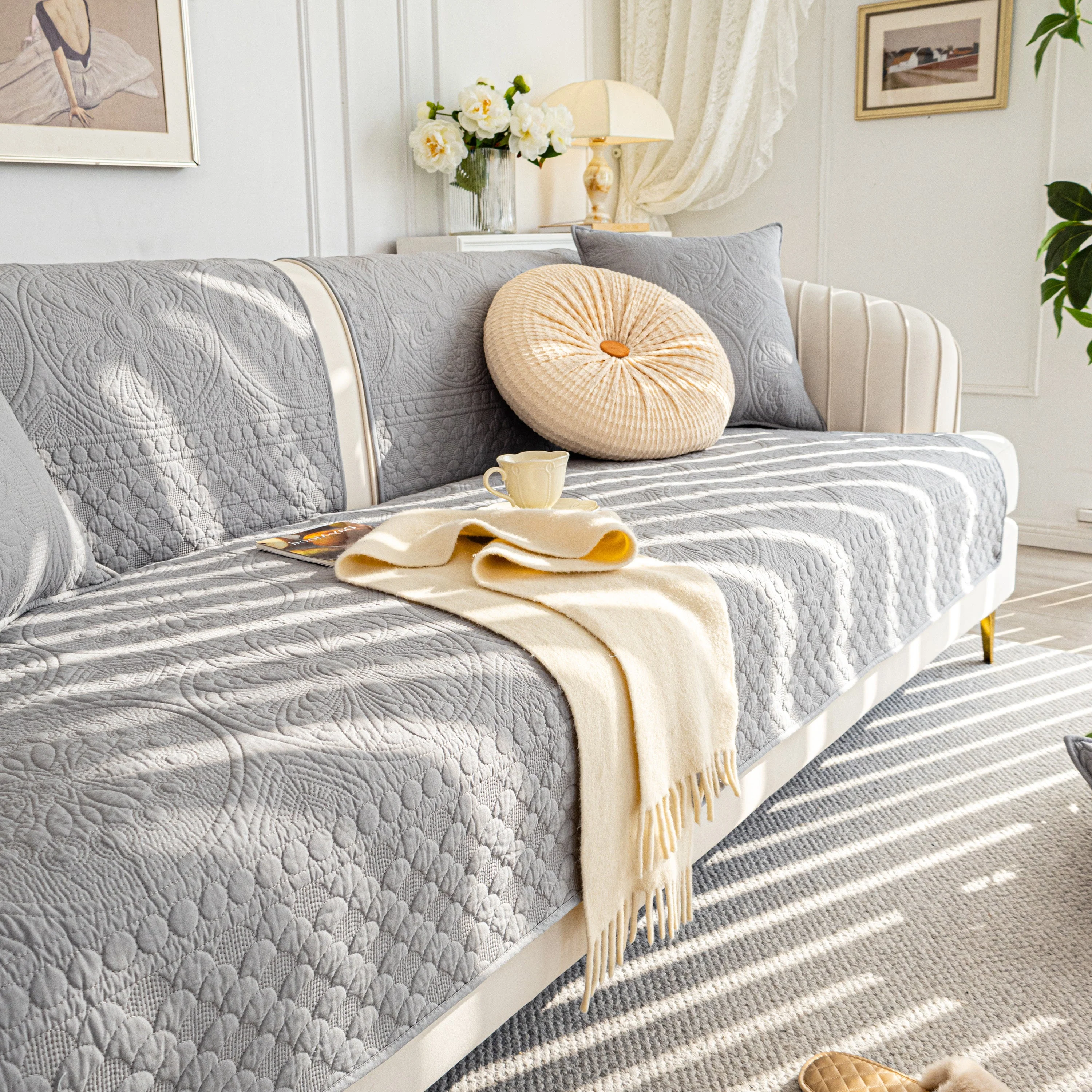 Cotton Quilted Sofa Cover, Non-Slip Couch Protector Fits Backrest, Seat & Armrest - Image 86