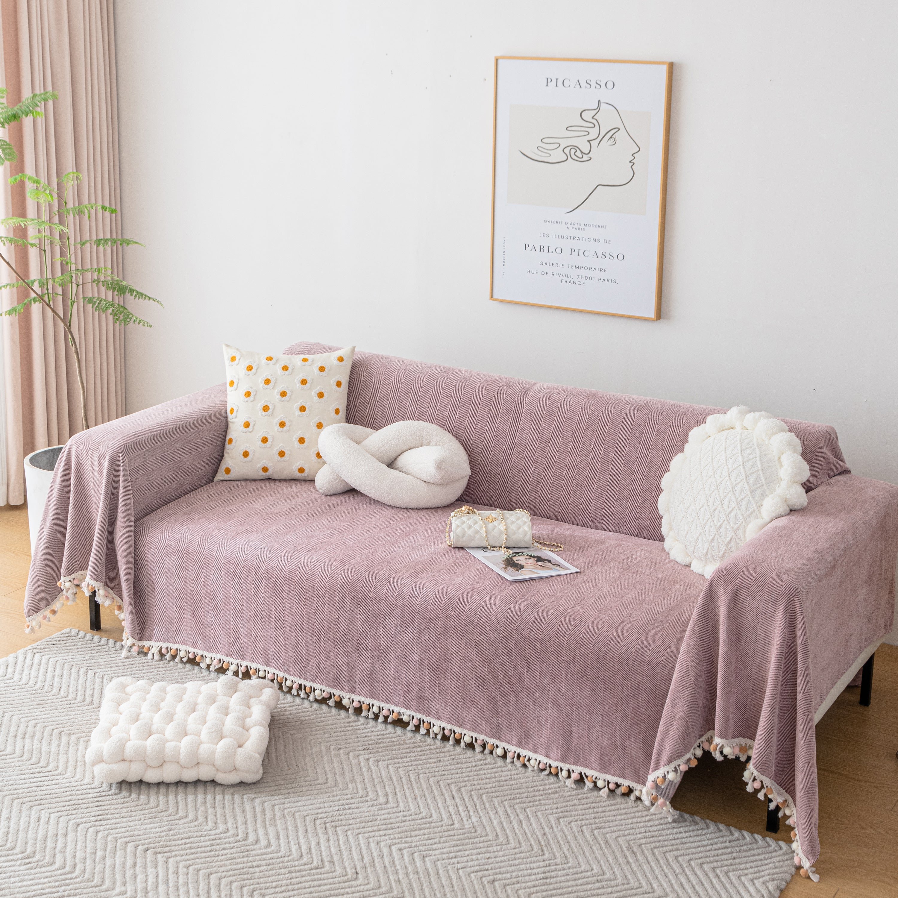 Couch Cover Sectional L Shape Chenille Herringbone Couch Throw Cover with Tassel Pom-Poms for Pets - Image 100
