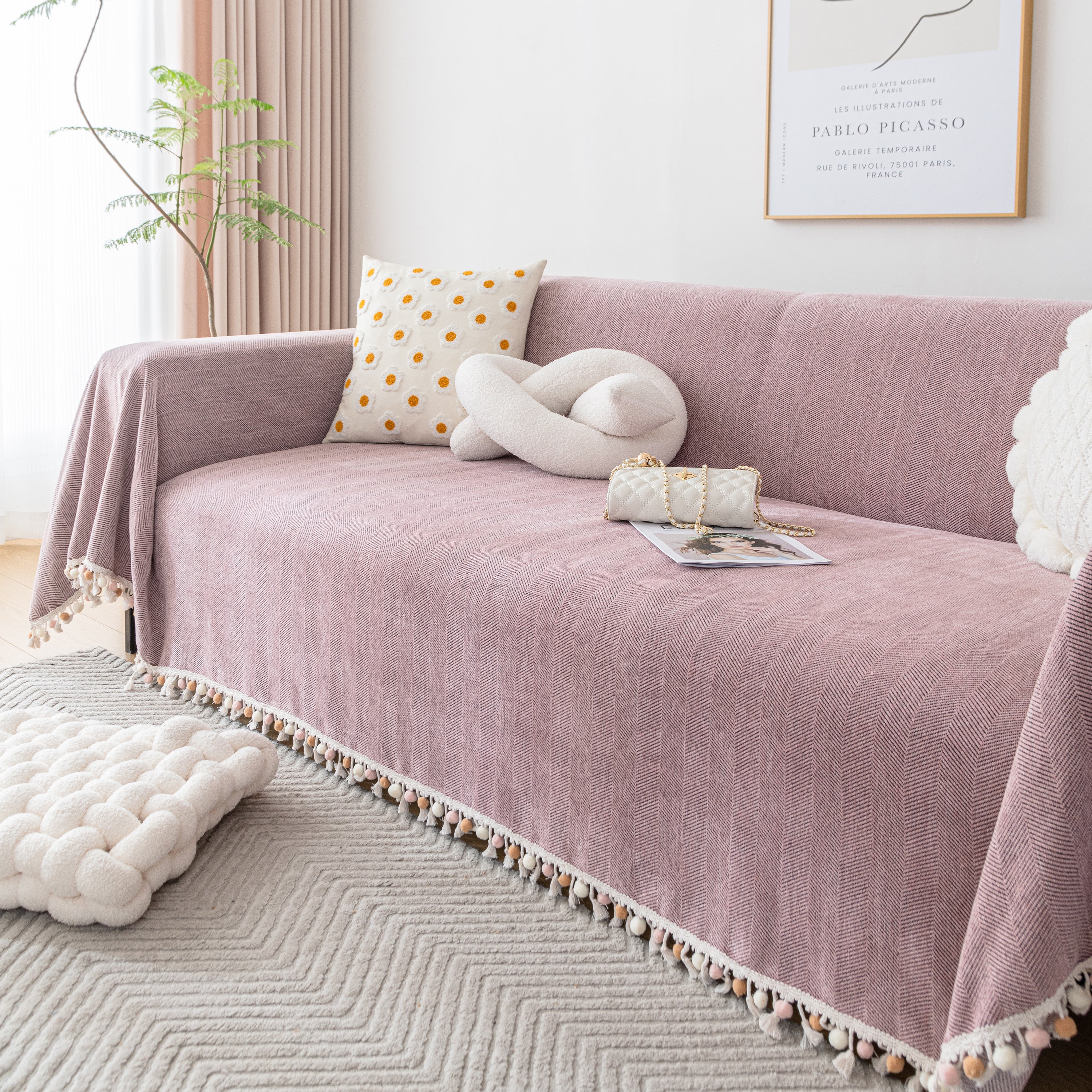 Couch Cover Sectional L Shape Chenille Herringbone Couch Throw Cover with Tassel Pom-Poms for Pets - Image 101