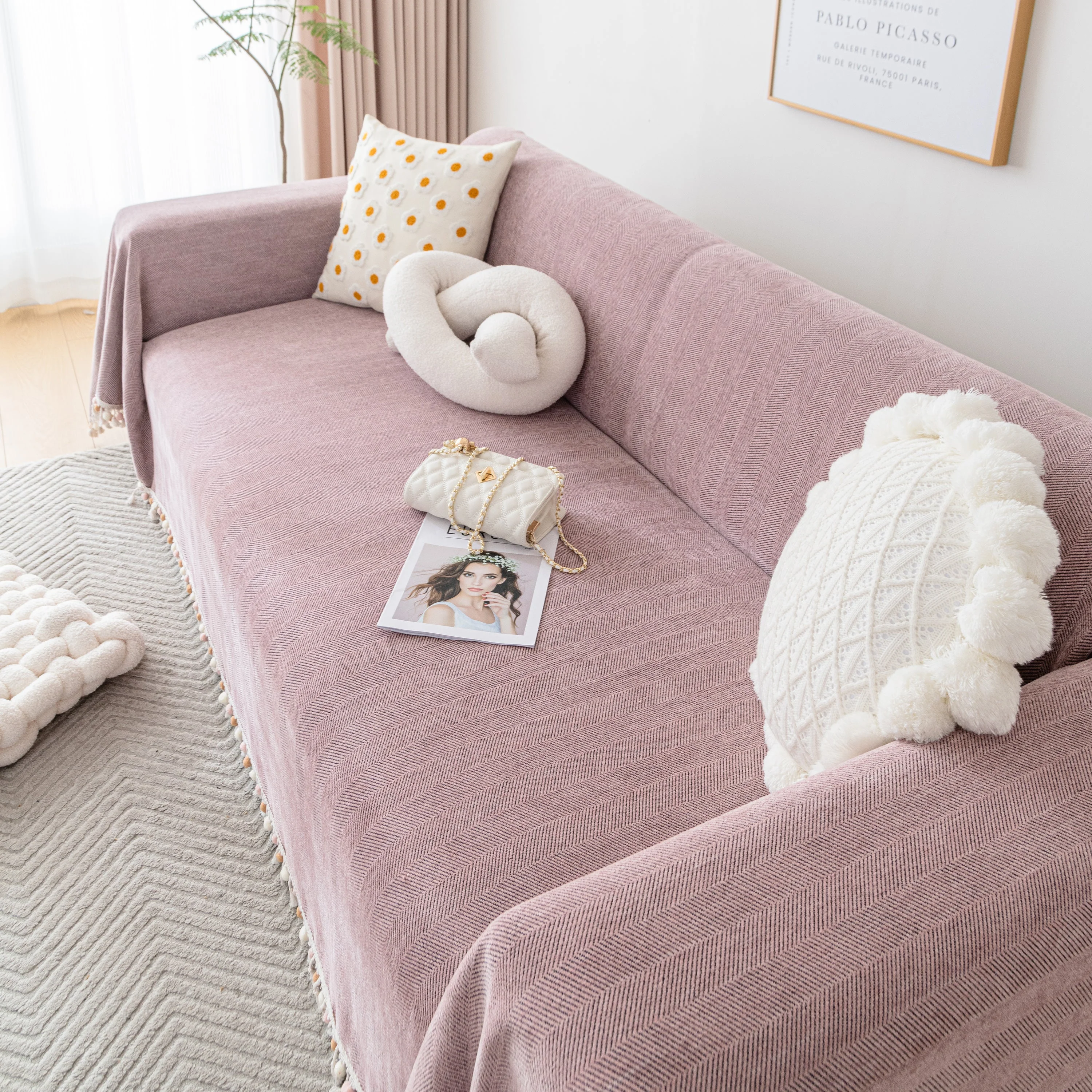 Couch Cover Sectional L Shape Chenille Herringbone Couch Throw Cover with Tassel Pom-Poms for Pets - Image 102