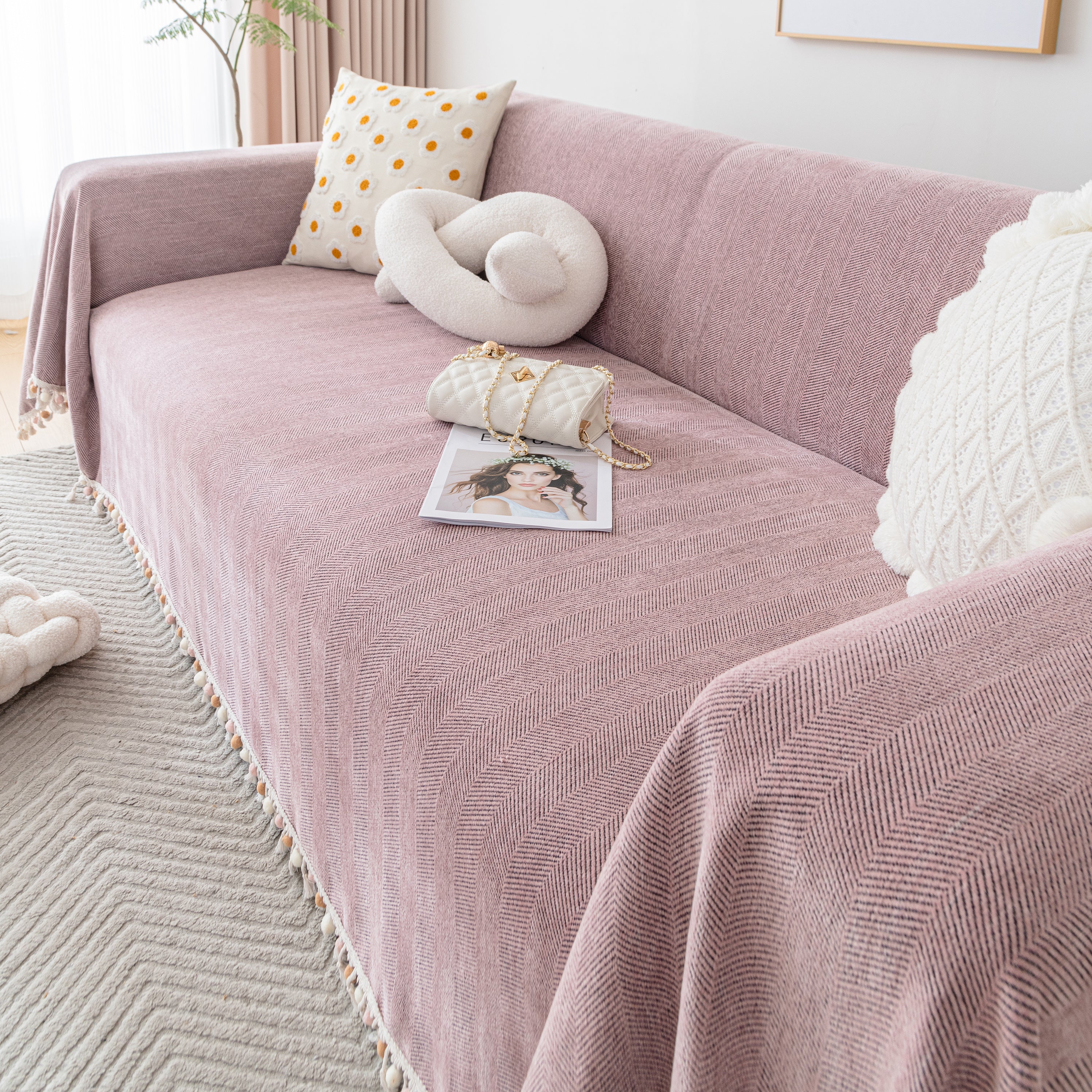 Couch Cover Sectional L Shape Chenille Herringbone Couch Throw Cover with Tassel Pom-Poms for Pets - Image 103