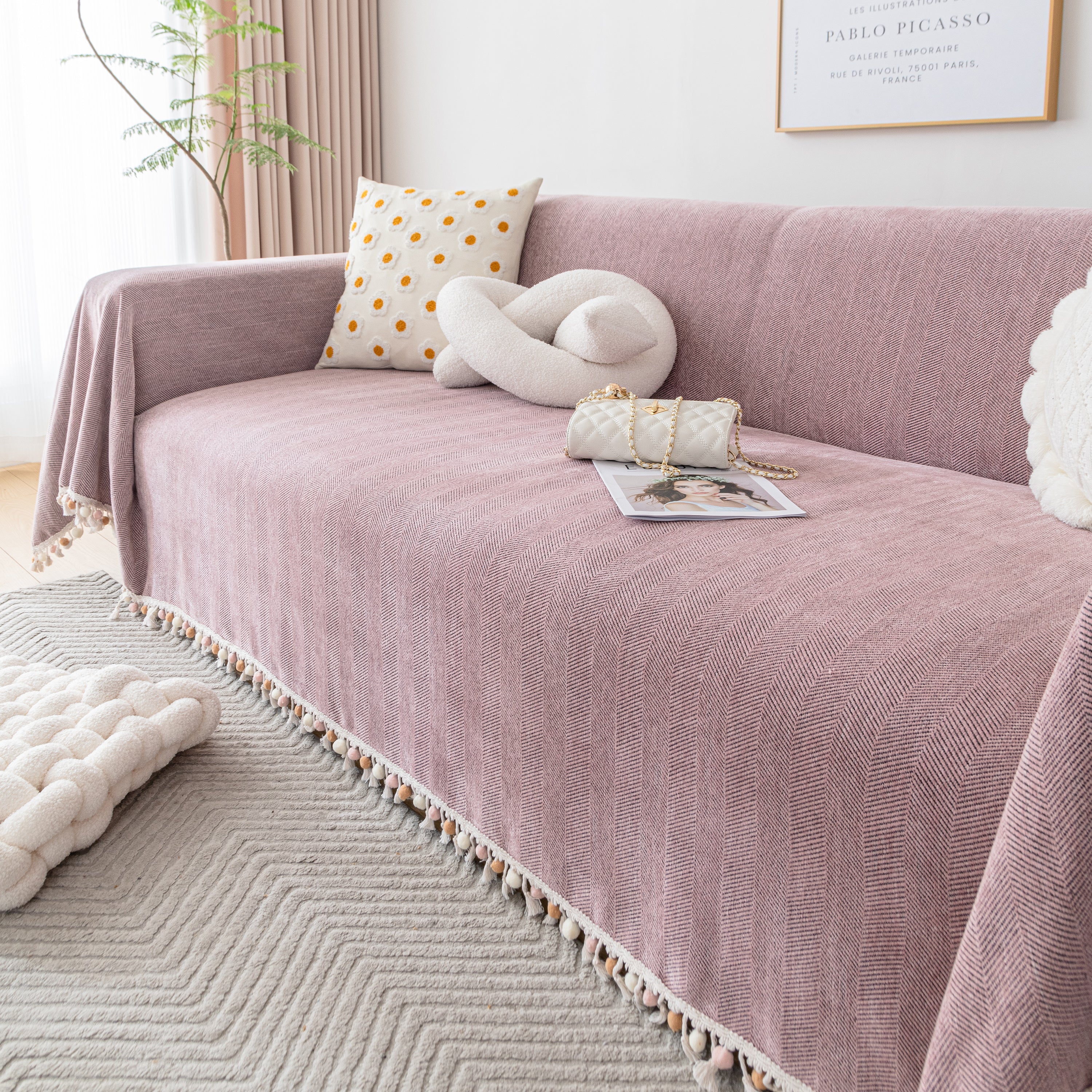 Couch Cover Sectional L Shape Chenille Herringbone Couch Throw Cover with Tassel Pom-Poms for Pets - Image 104